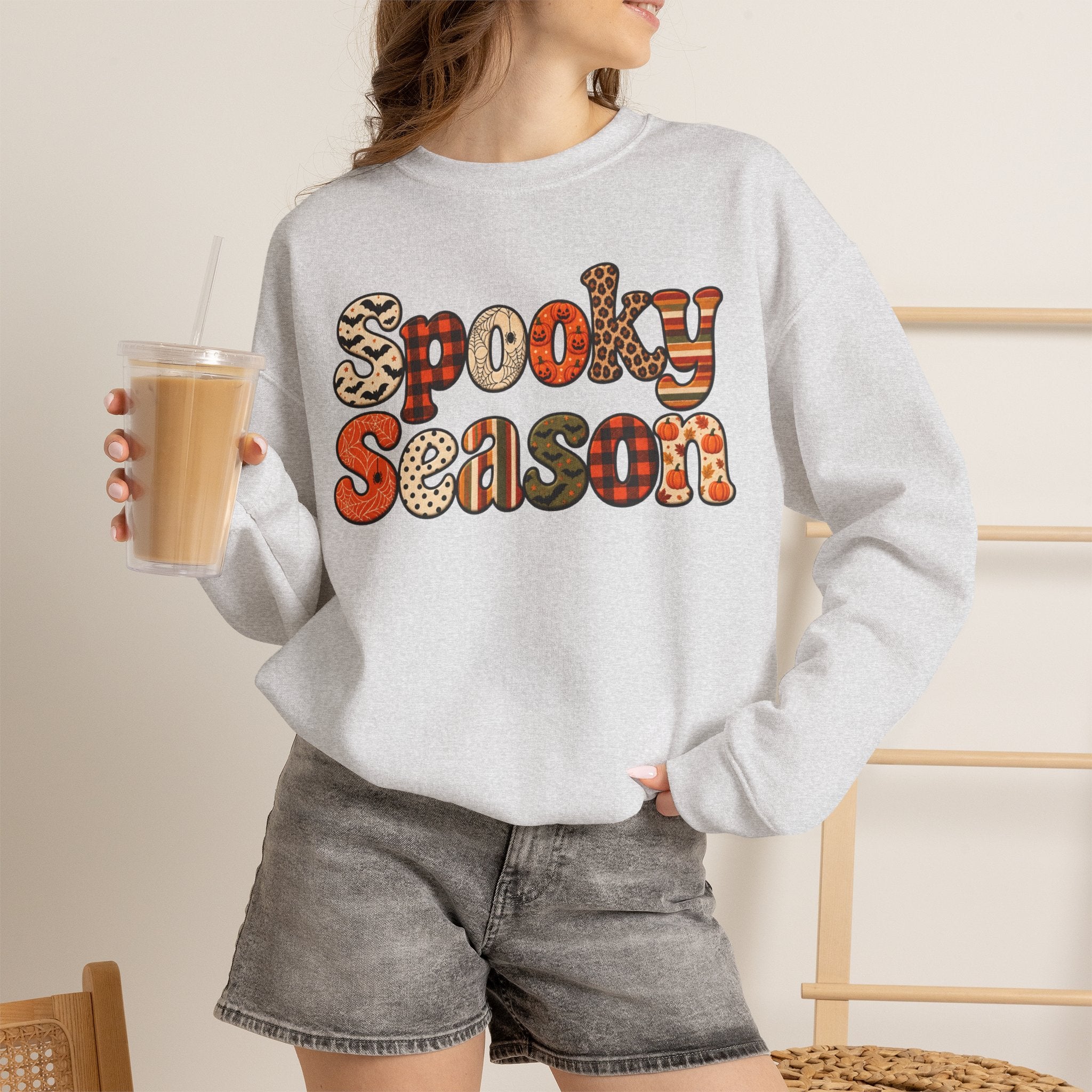 Spooky Season Sweatshirt — Retro Patterned Halloween Crewneck