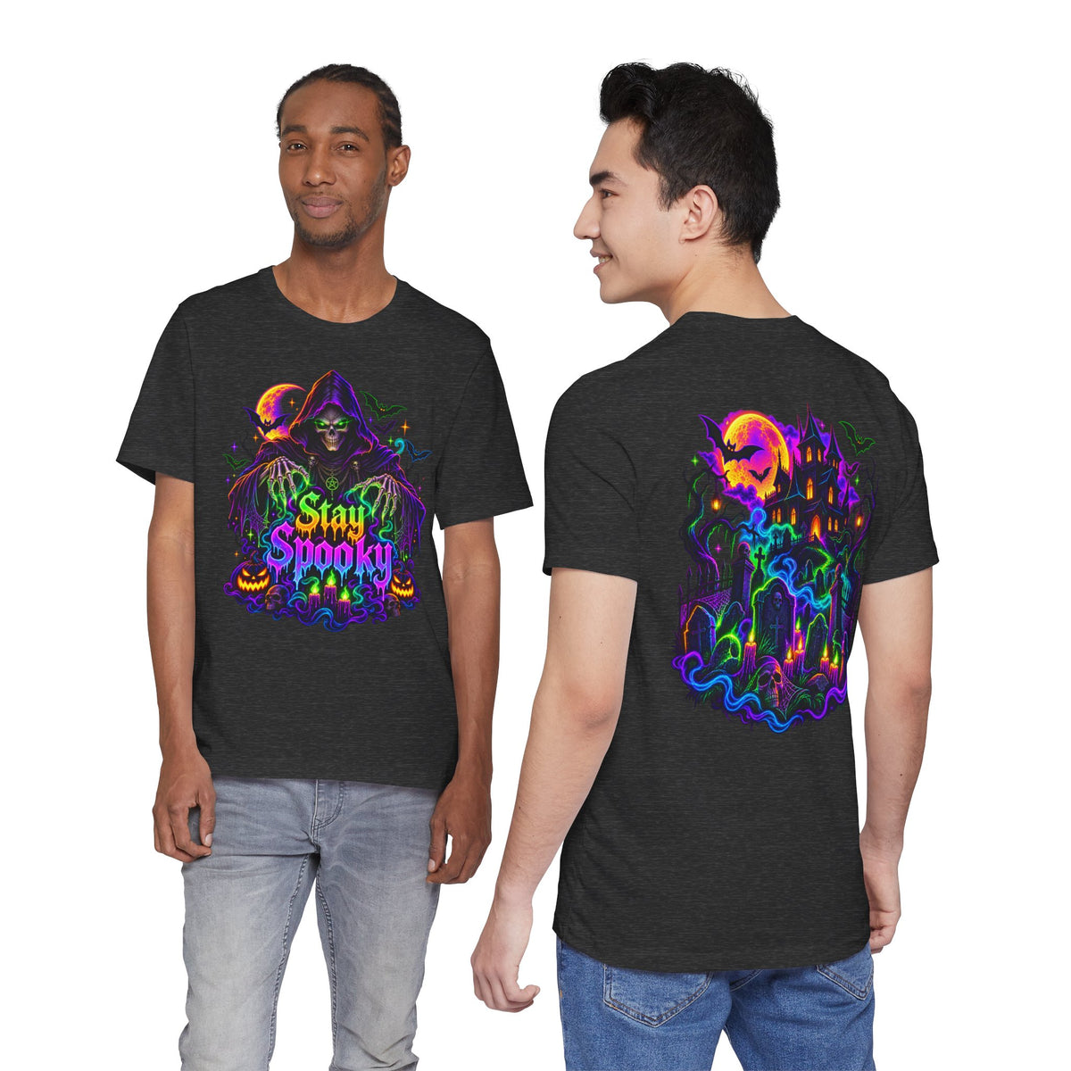 Stay Spooky Halloween Tee — Neon Grim Reaper & Haunted Castle Graphic T-Shirt