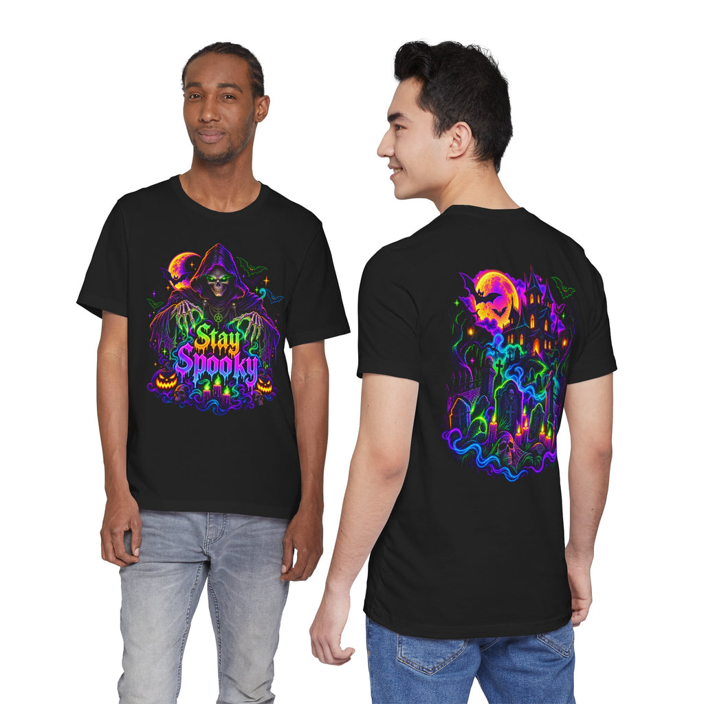 Stay Spooky Halloween Tee — Neon Grim Reaper & Haunted Castle Graphic T-Shirt