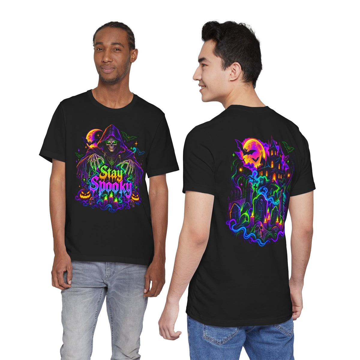 Stay Spooky Halloween Tee — Neon Grim Reaper & Haunted Castle Graphic T-Shirt