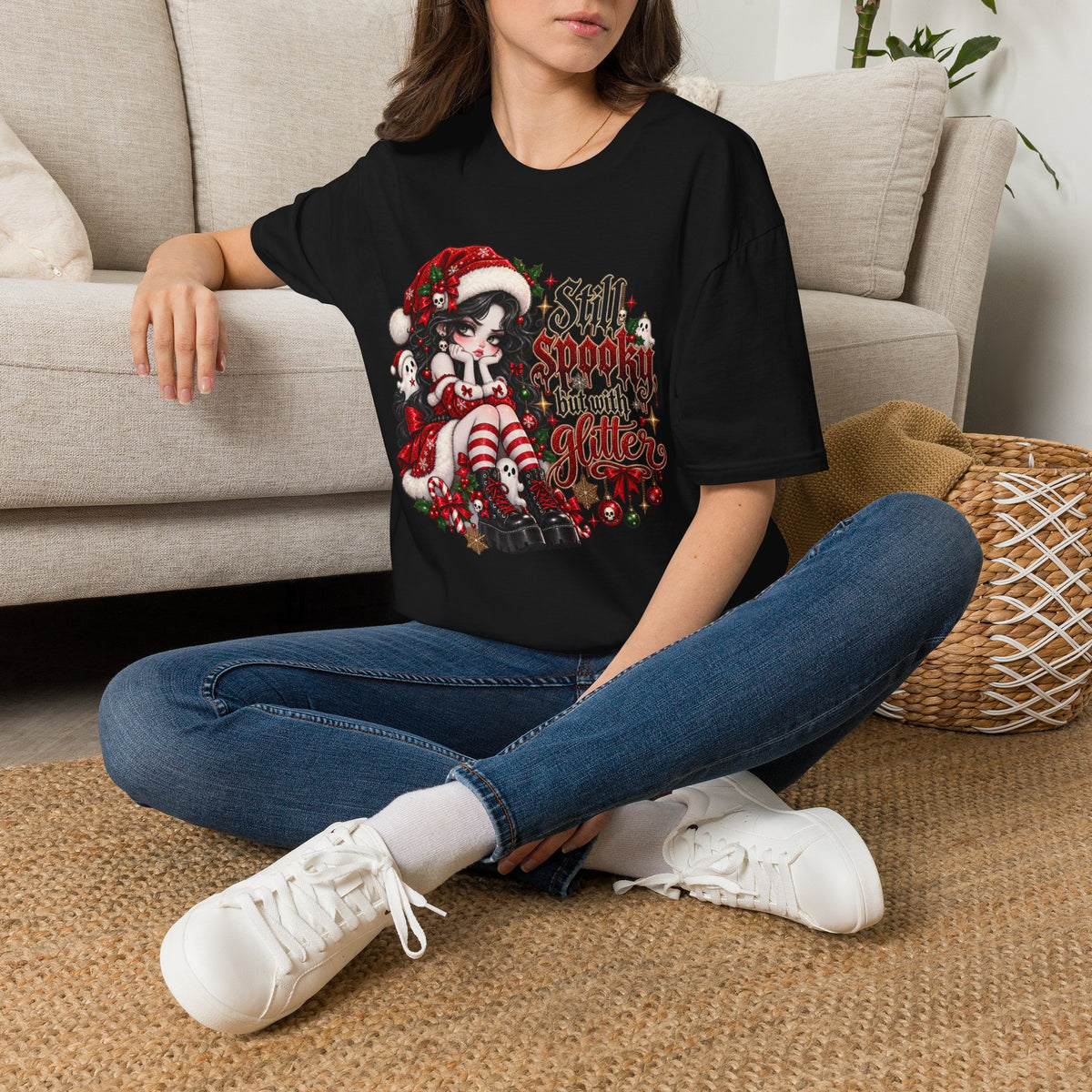 Christmas Goth T‑Shirt – "Still Spooky But With Glitter" Elf Girl Holiday Tee
