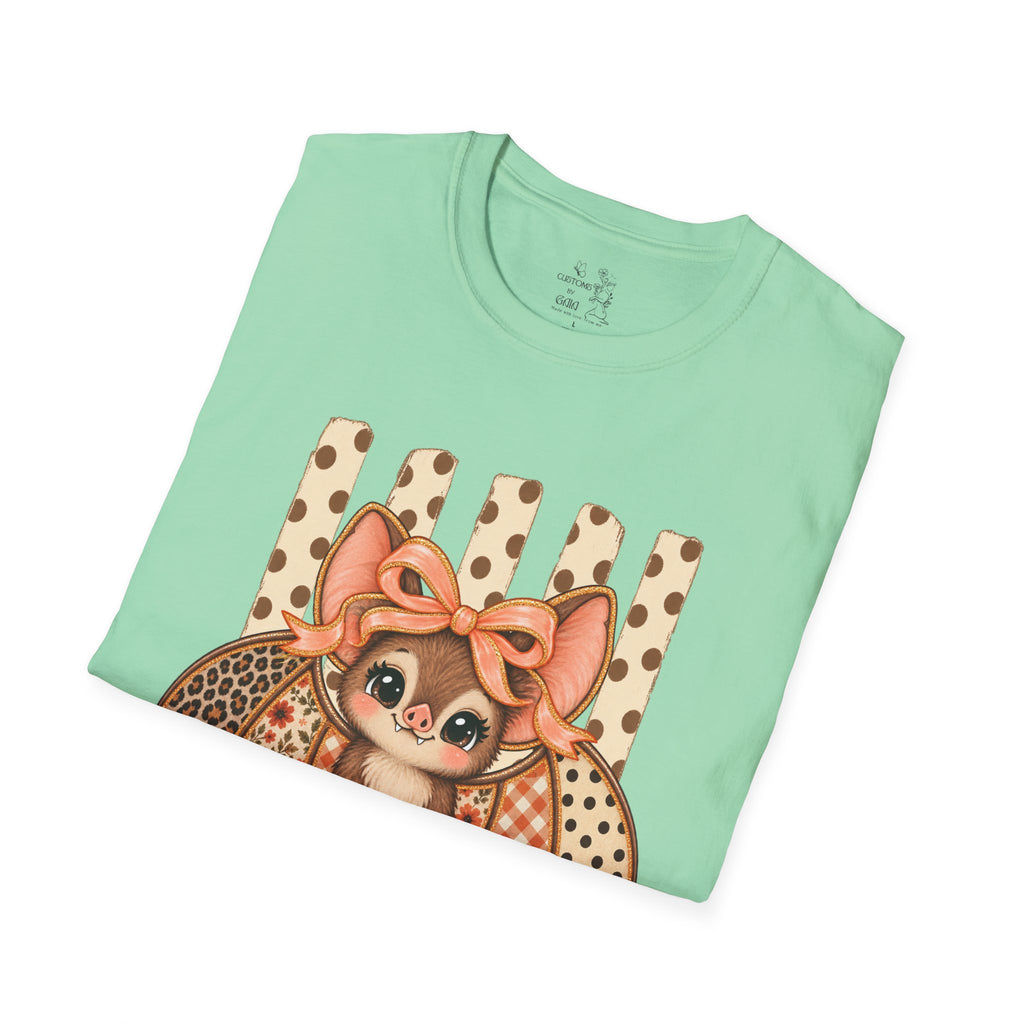 Cute Bat Tee — Adorable Bat with Bow Graphic T-Shirt (Leopard Striped Background)