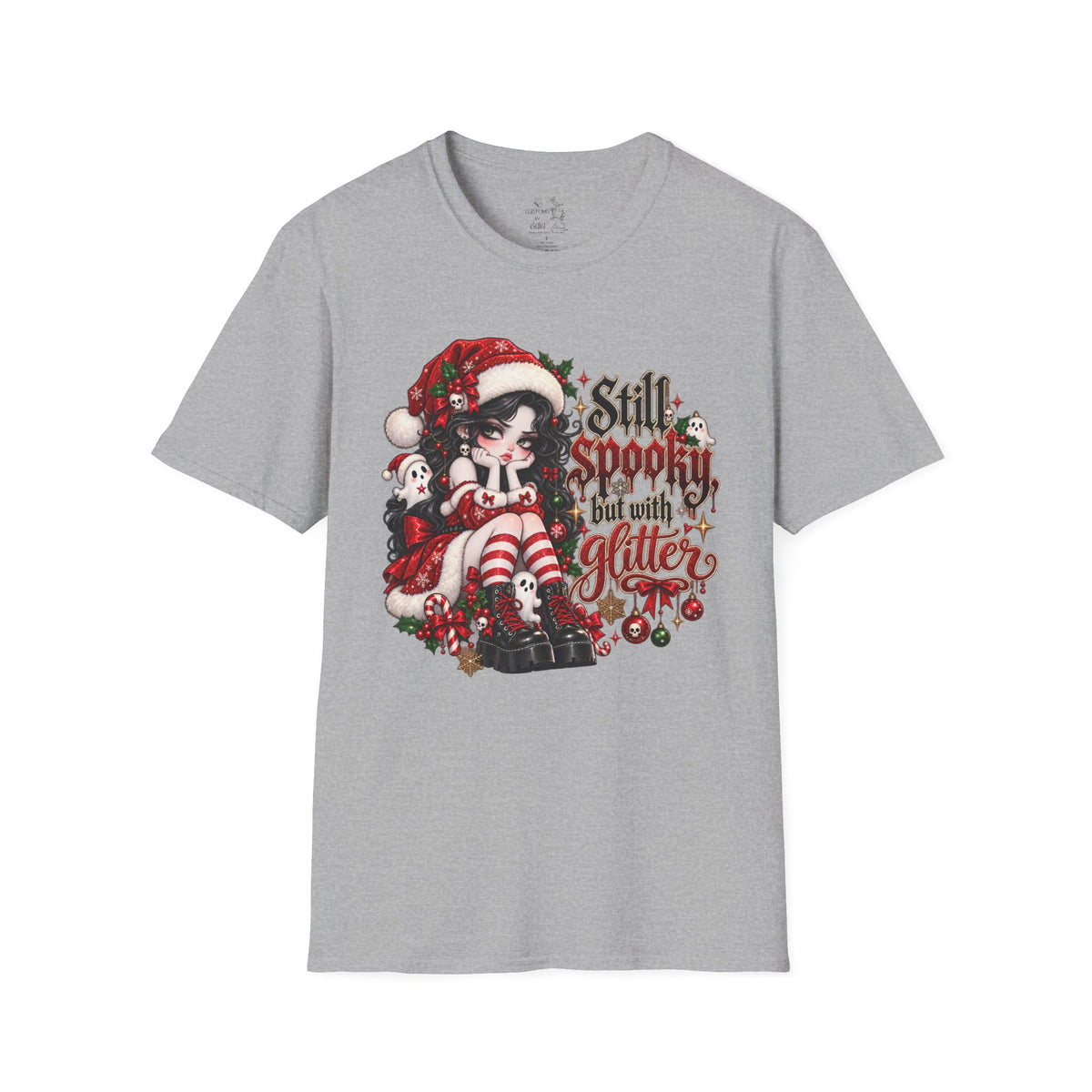 Christmas Goth T‑Shirt – "Still Spooky But With Glitter" Elf Girl Holiday Tee