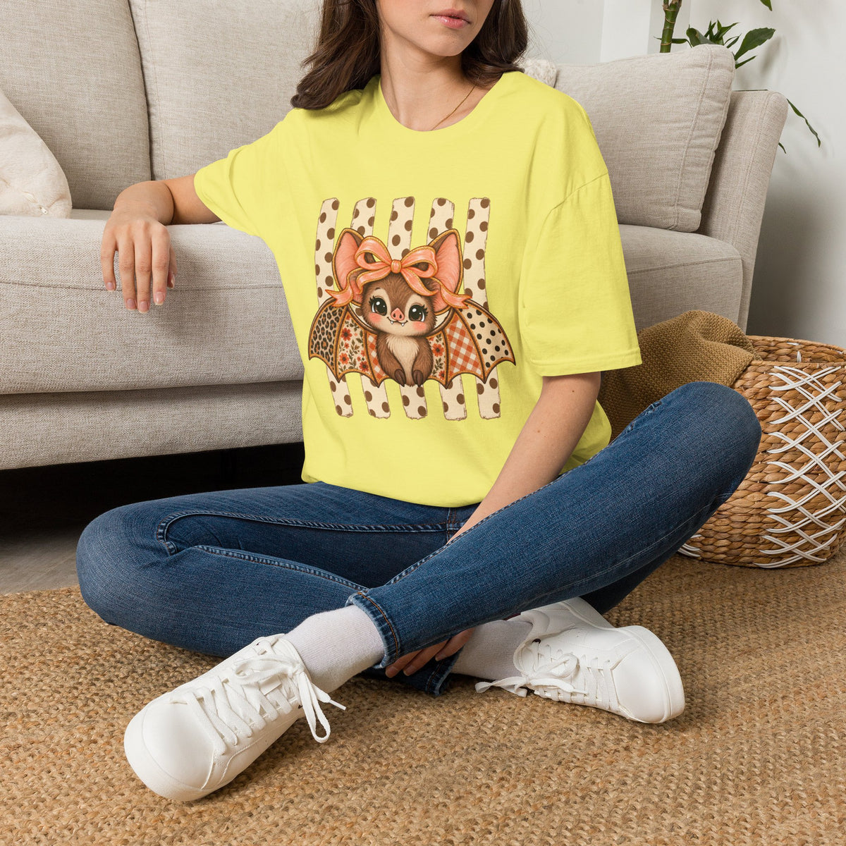 Cute Bat Tee — Adorable Bat with Bow Graphic T-Shirt (Leopard Striped Background)