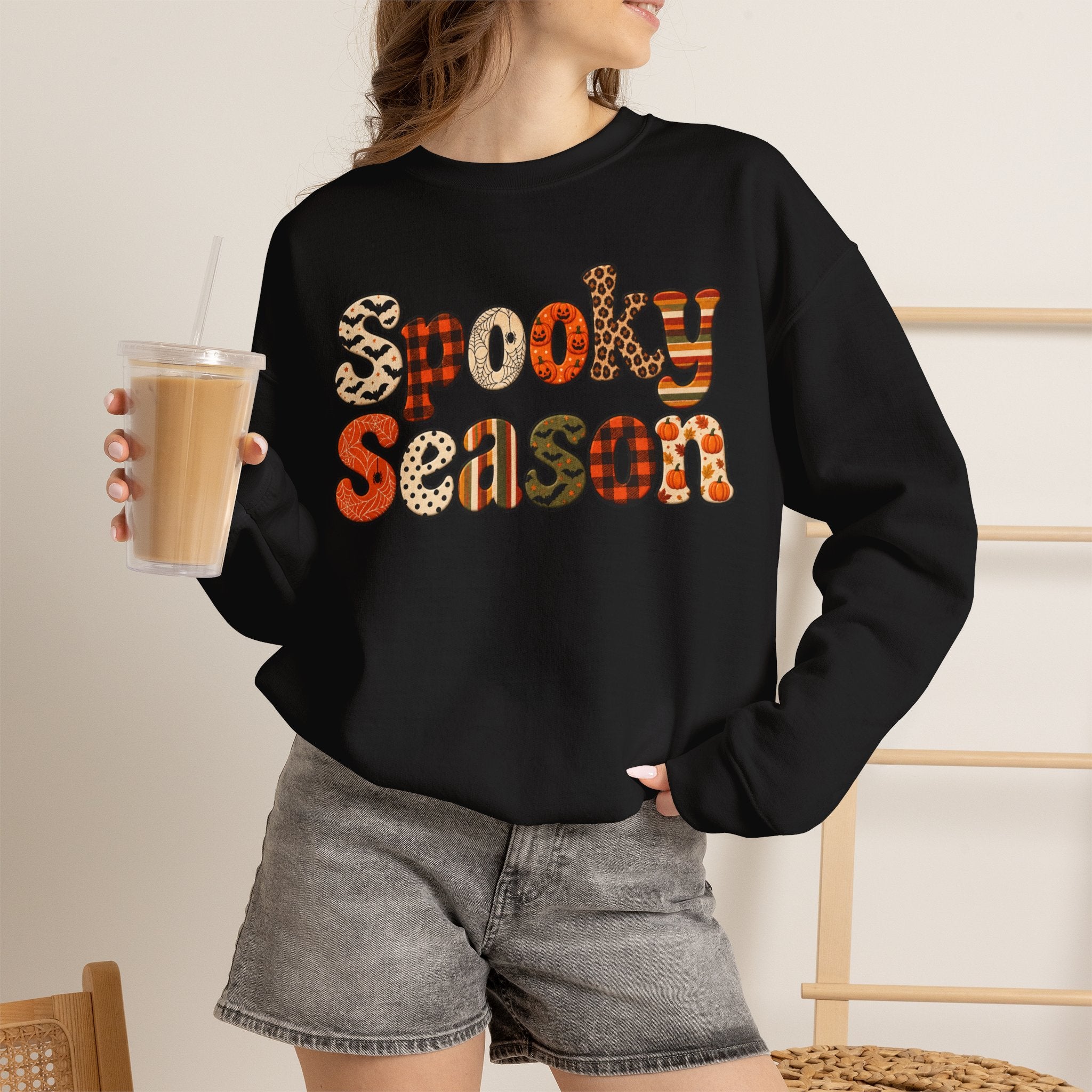 Spooky Season Sweatshirt — Retro Patterned Halloween Crewneck
