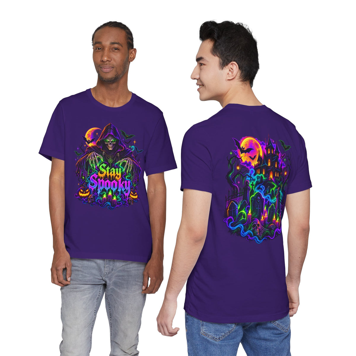 Stay Spooky Halloween Tee — Neon Grim Reaper & Haunted Castle Graphic T-Shirt