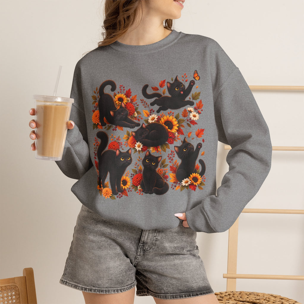Autumn Black Cats Crewneck Sweatshirt — Fall Floral Halloween Cat Design