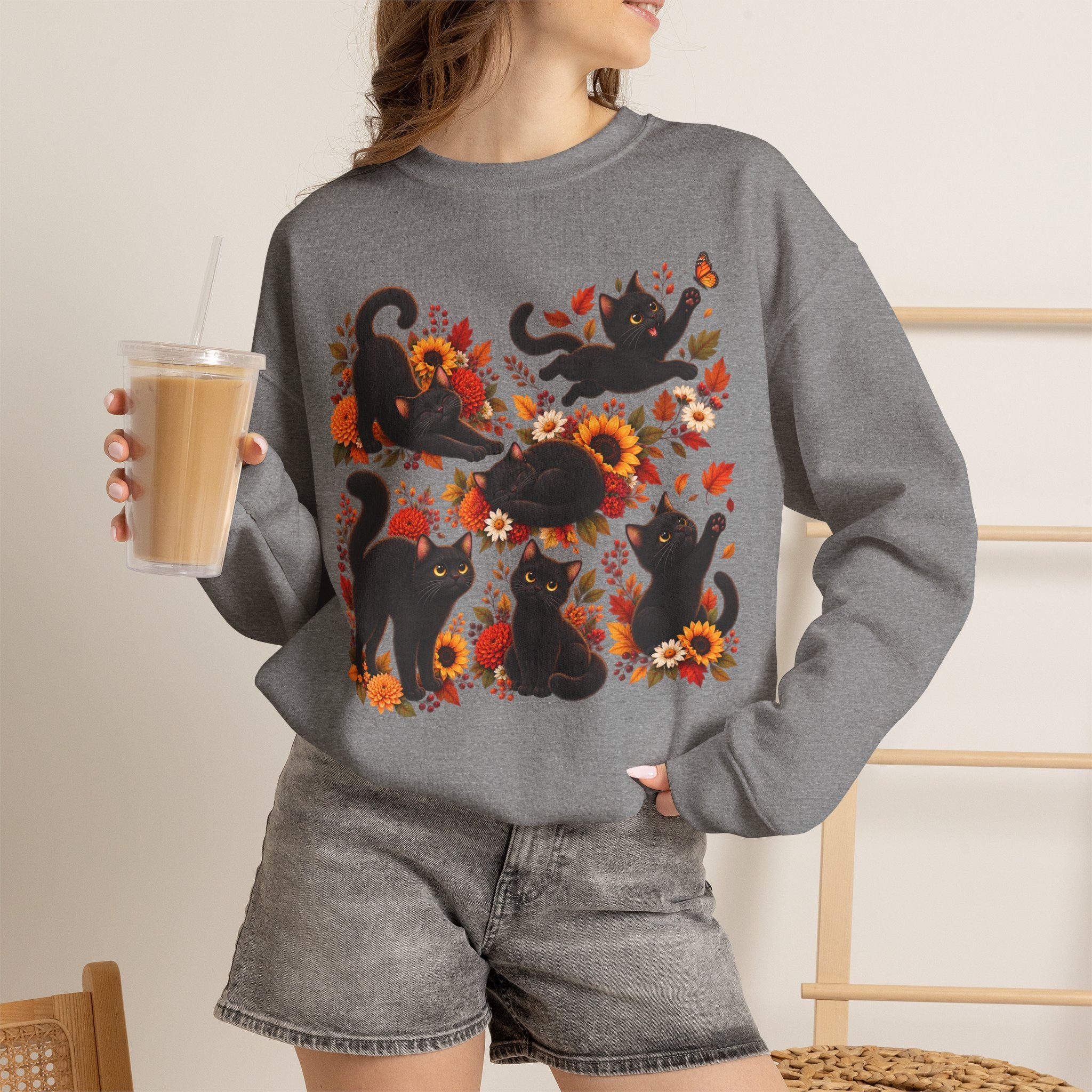 Autumn Black Cats Crewneck Sweatshirt — Fall Floral Halloween Cat Design