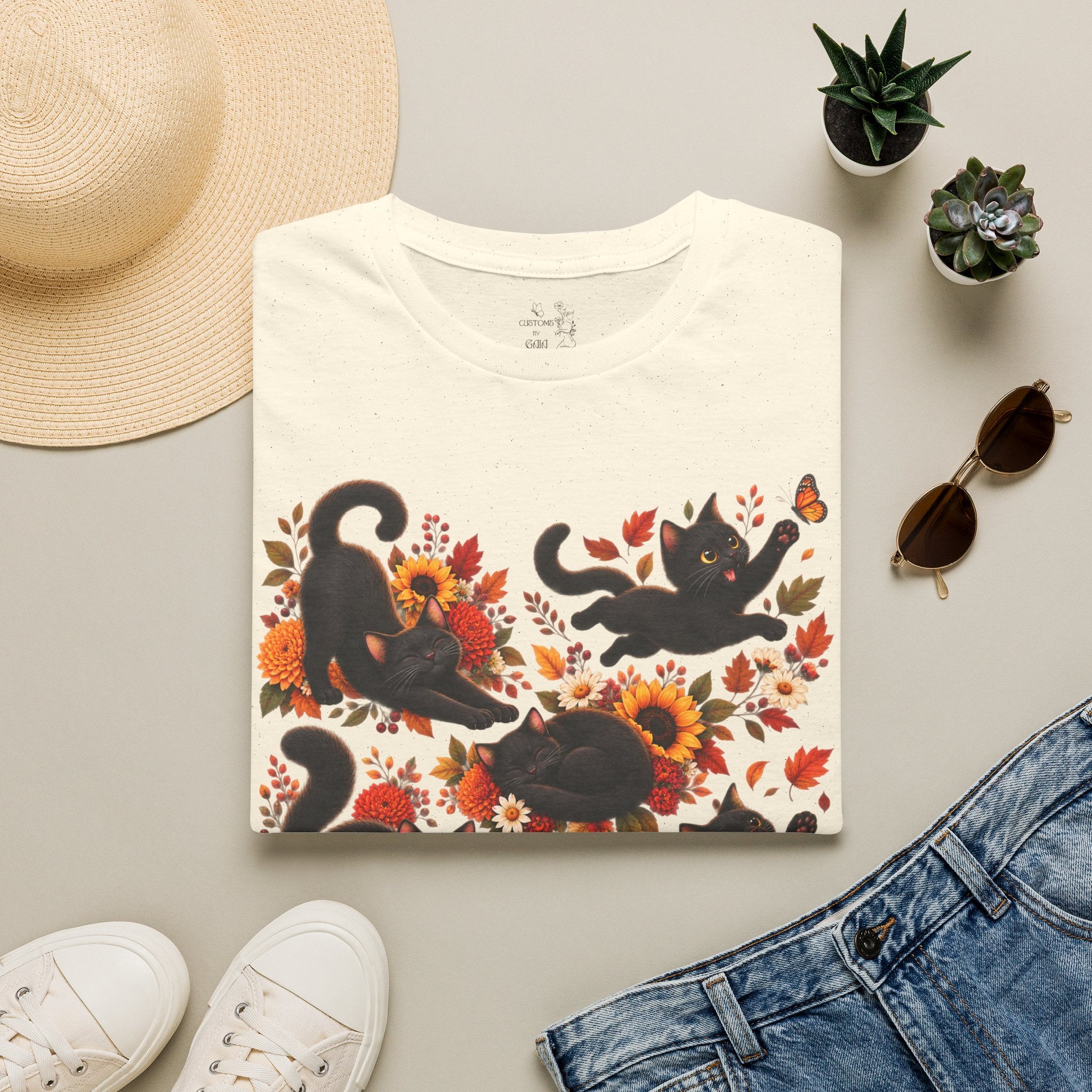 Black Cats & Sunflowers T-Shirt — Autumn Floral Cat Tee