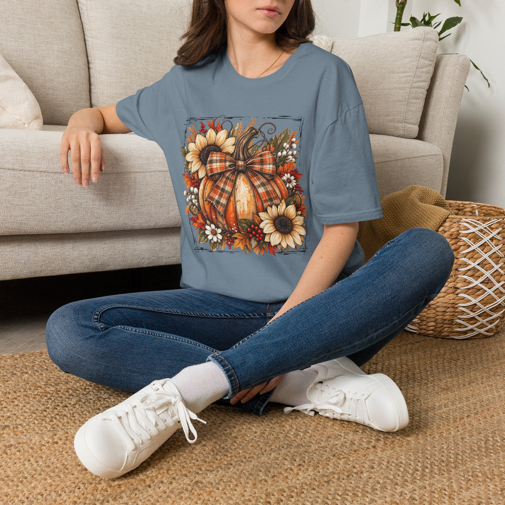 Pumpkin & Sunflower Fall T-Shirt — Plaid Pumpkin Autumn Graphic Tee