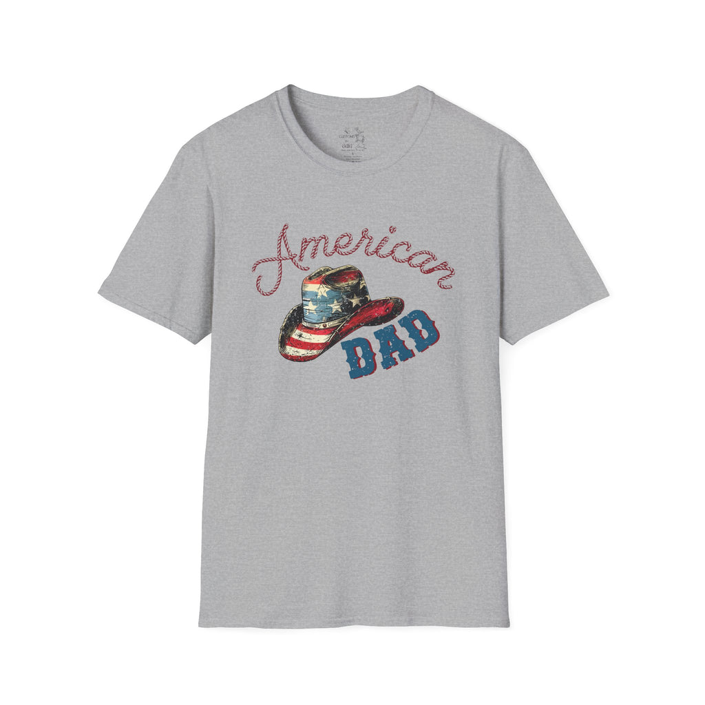 Patriotic “American Dad” Tee — Vintage Flag Cowboy Hat Dad T-Shirt