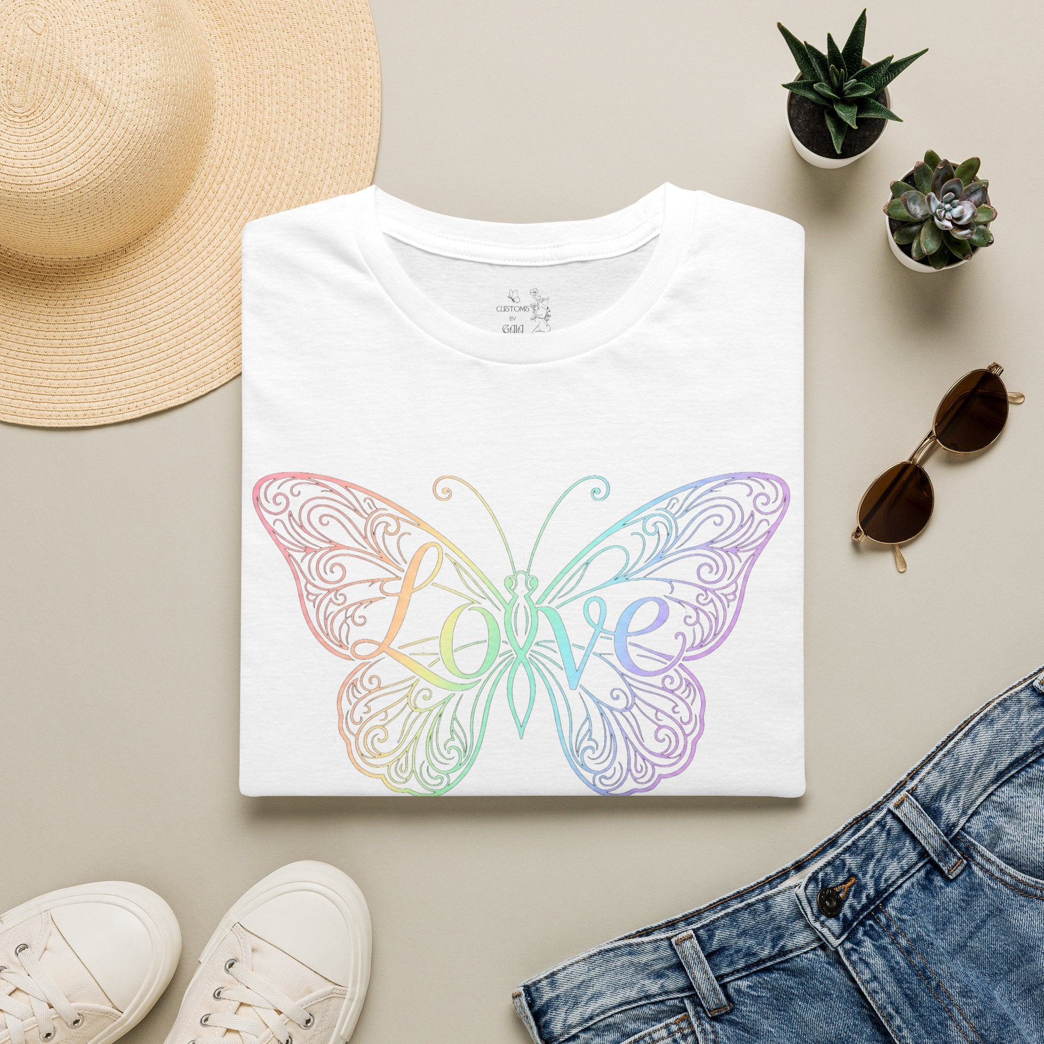 Butterfly "Love" T-Shirt — Pastel Rainbow Filigree Design