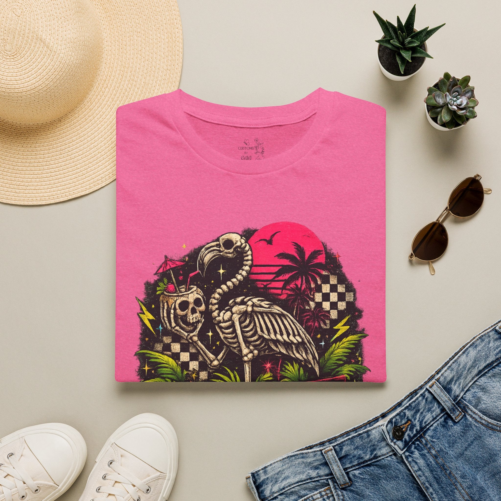 Spooky Salty Beach T-Shirt — Retro Skeleton Pelican Sunset Tee