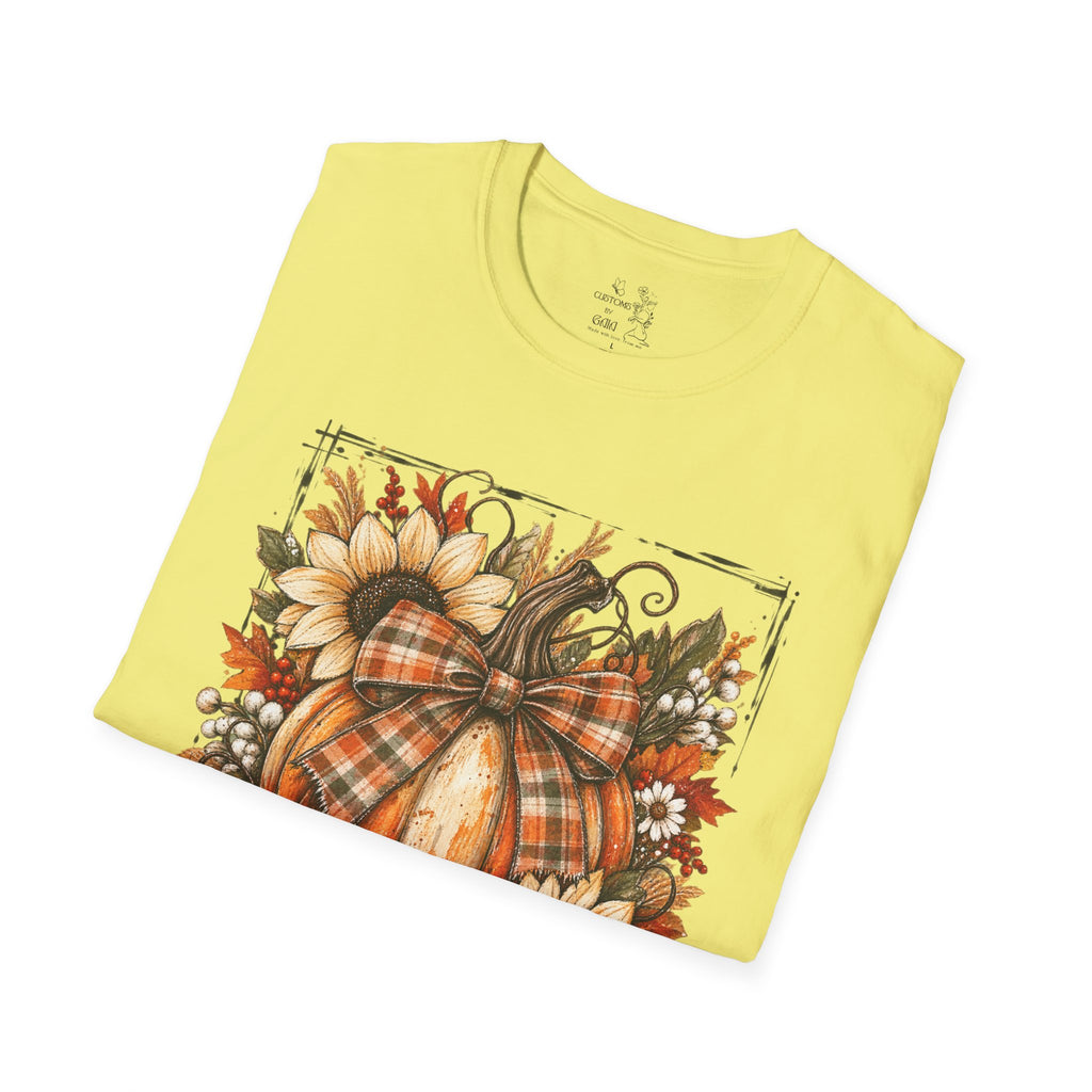 Pumpkin & Sunflower Fall T-Shirt — Plaid Pumpkin Autumn Graphic Tee