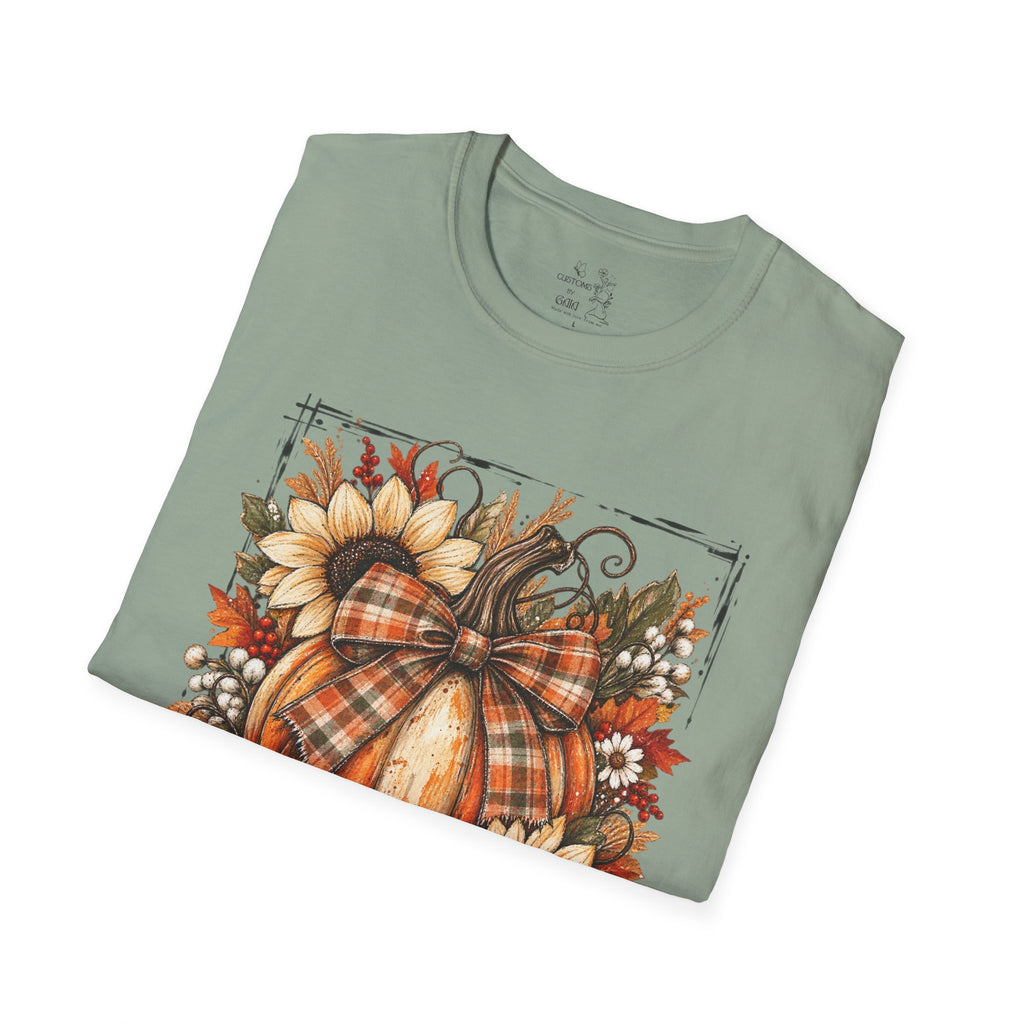 Pumpkin & Sunflower Fall T-Shirt — Plaid Pumpkin Autumn Graphic Tee
