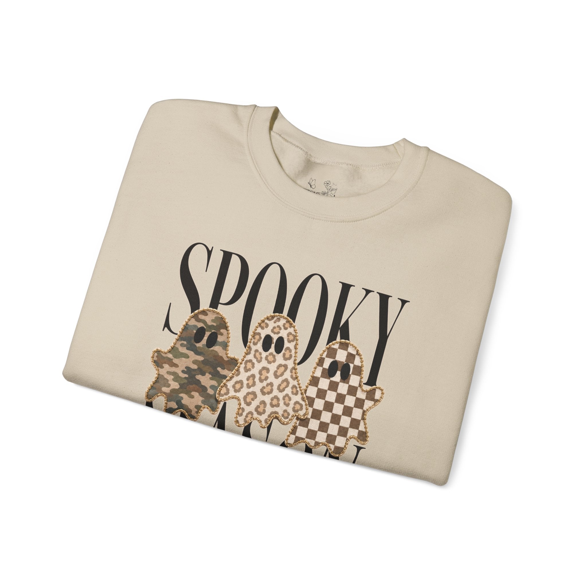 Spooky Season Ghosts Sweatshirt — Neutral Plaid & Camo Halloween Crewneck