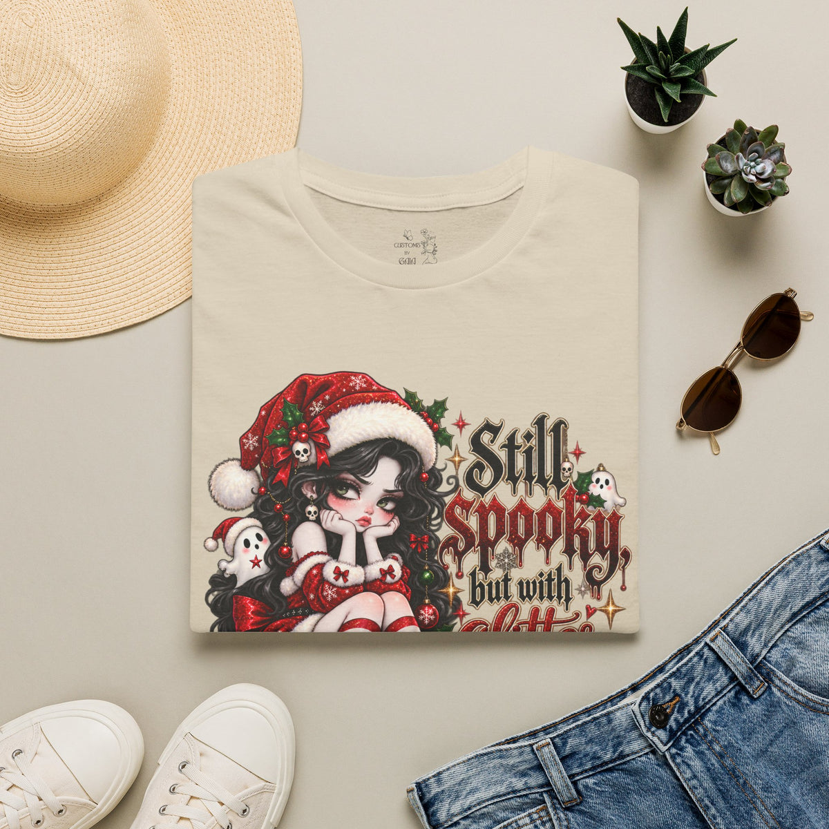 Christmas Goth T‑Shirt – "Still Spooky But With Glitter" Elf Girl Holiday Tee