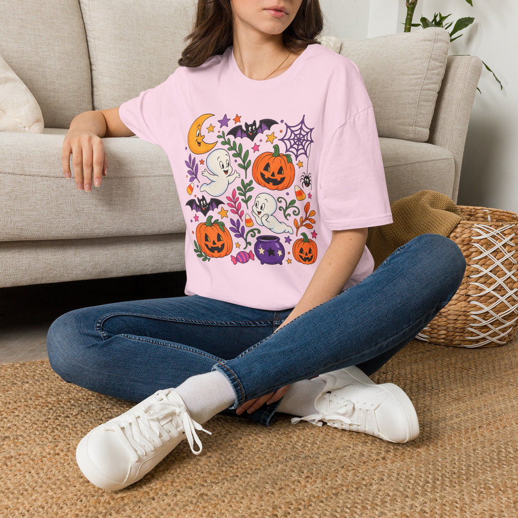 Cute Halloween T-Shirt — Friendly Ghosts, Pumpkins & Bats Graphic