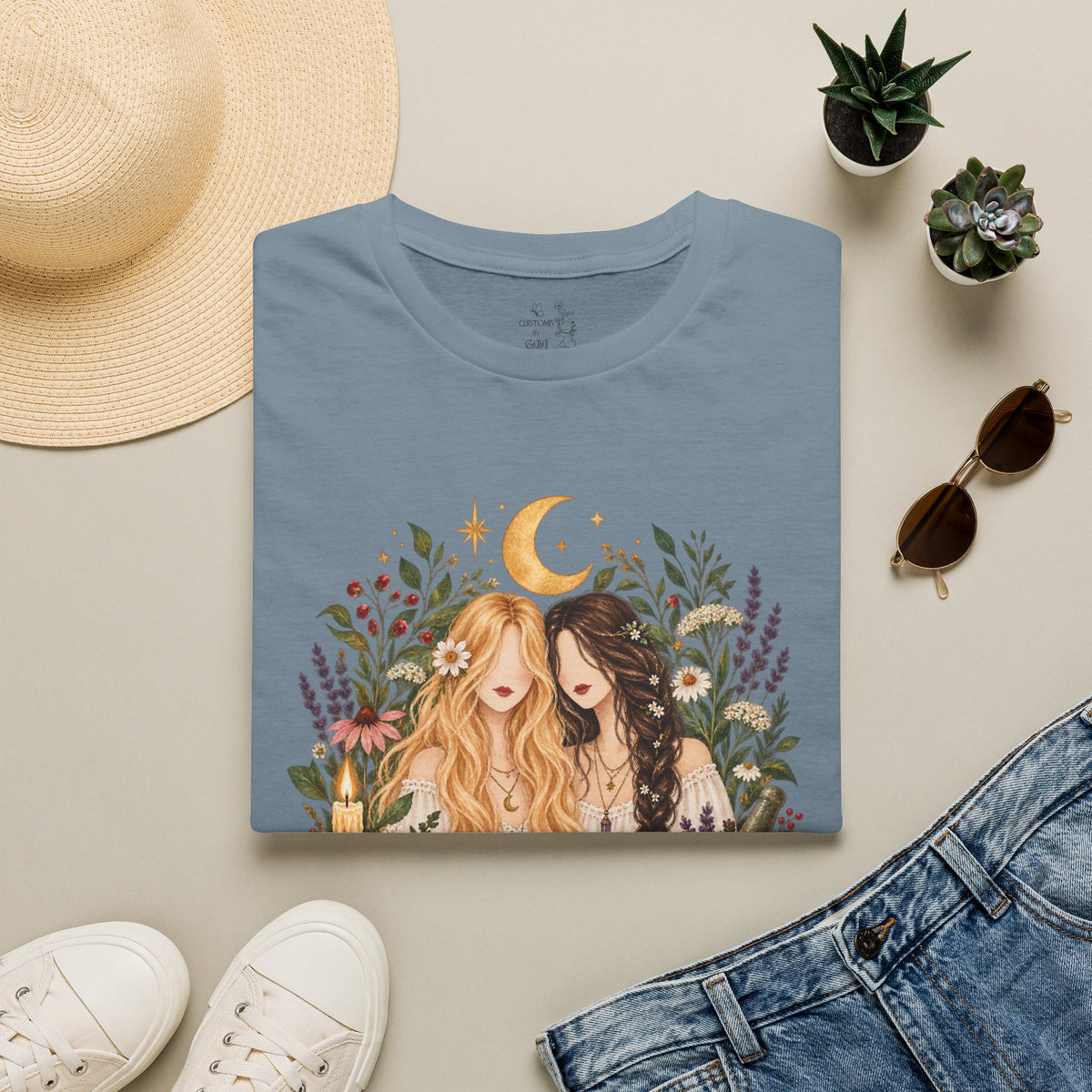 Witchy Sisters T-Shirt – 'Practical Magic' Boho Moon Witch Illustration
