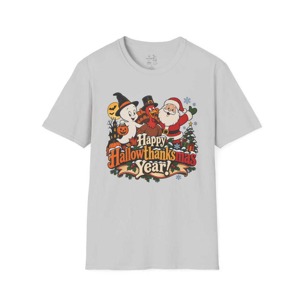 Halloween Thanksgiving Christmas Mashup Tee — "Happy HallowThanksMas This Year"