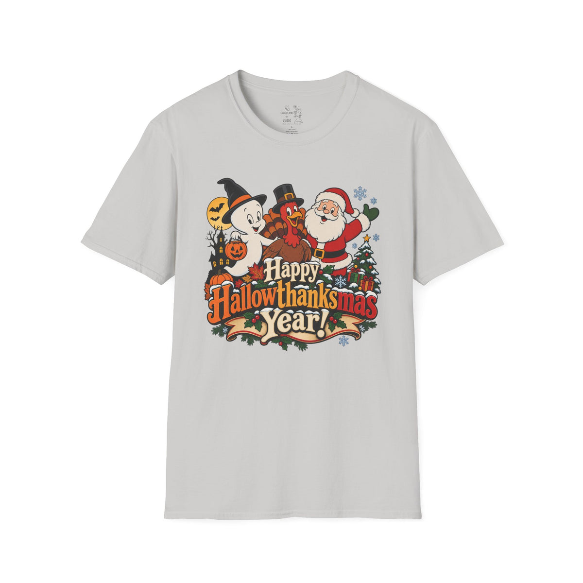 Halloween Thanksgiving Christmas Mashup Tee — "Happy HallowThanksMas This Year"