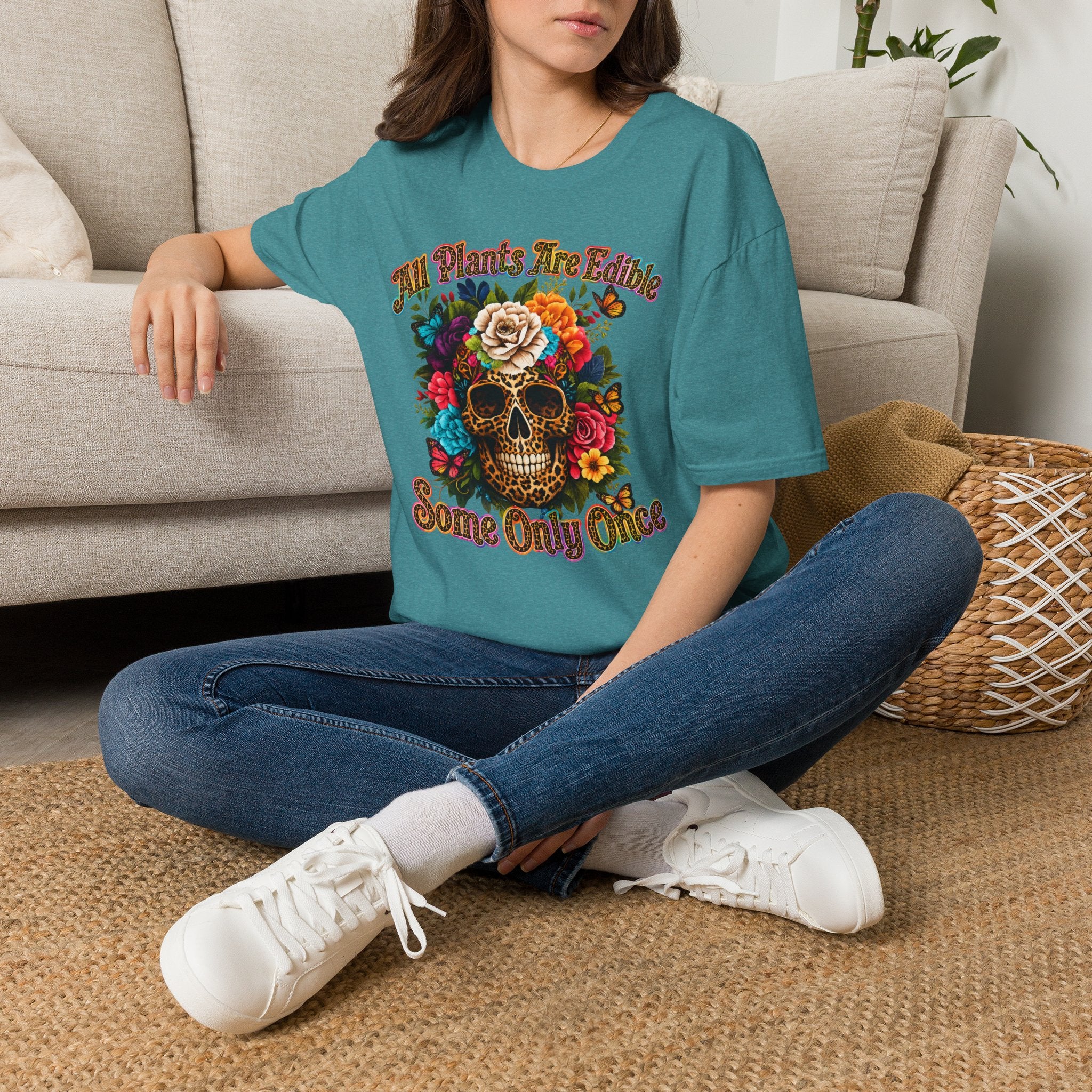 T-Shirt — "All Plants Are Edible (Some Only Once)" Floral Sugar Skull Tee