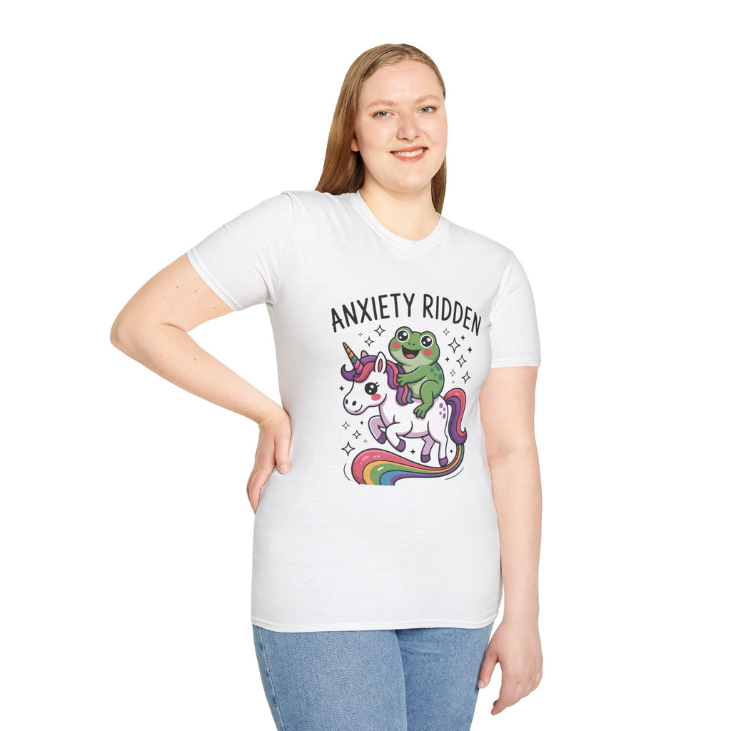 Anxiety Ridden Frog on Unicorn T-Shirt — Cute Mental Health Awareness Graphic Tee