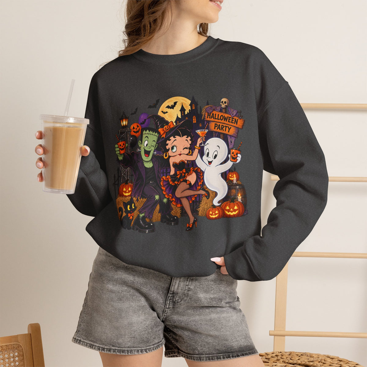Halloween Betty Boop Crewneck Sweatshirt — Retro Spooky Cartoon Graphic