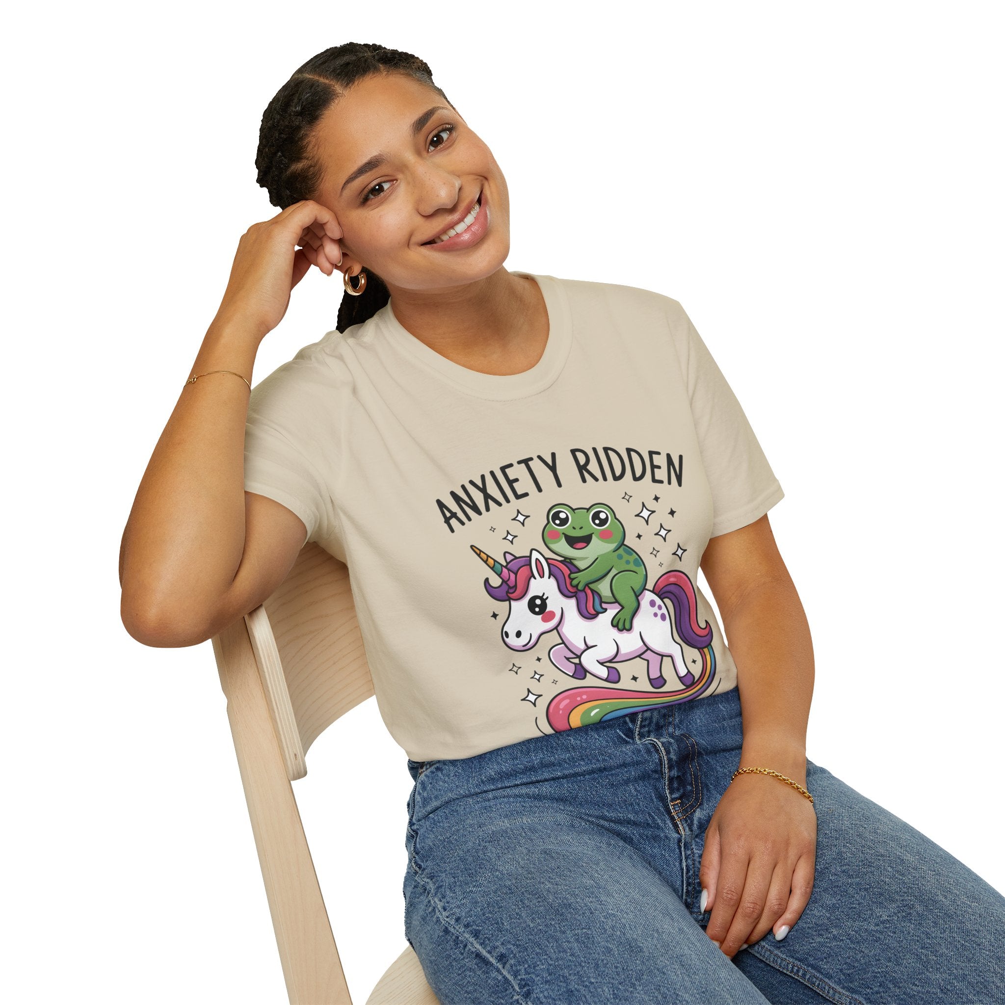 Anxiety Ridden Frog on Unicorn T-Shirt — Cute Mental Health Awareness Graphic Tee