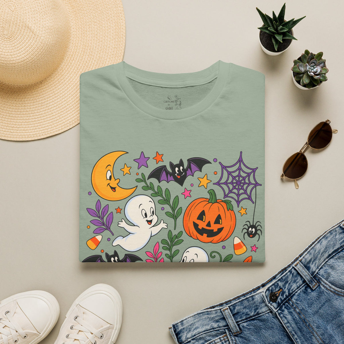 Cute Halloween T-Shirt — Friendly Ghosts, Pumpkins & Bats Graphic