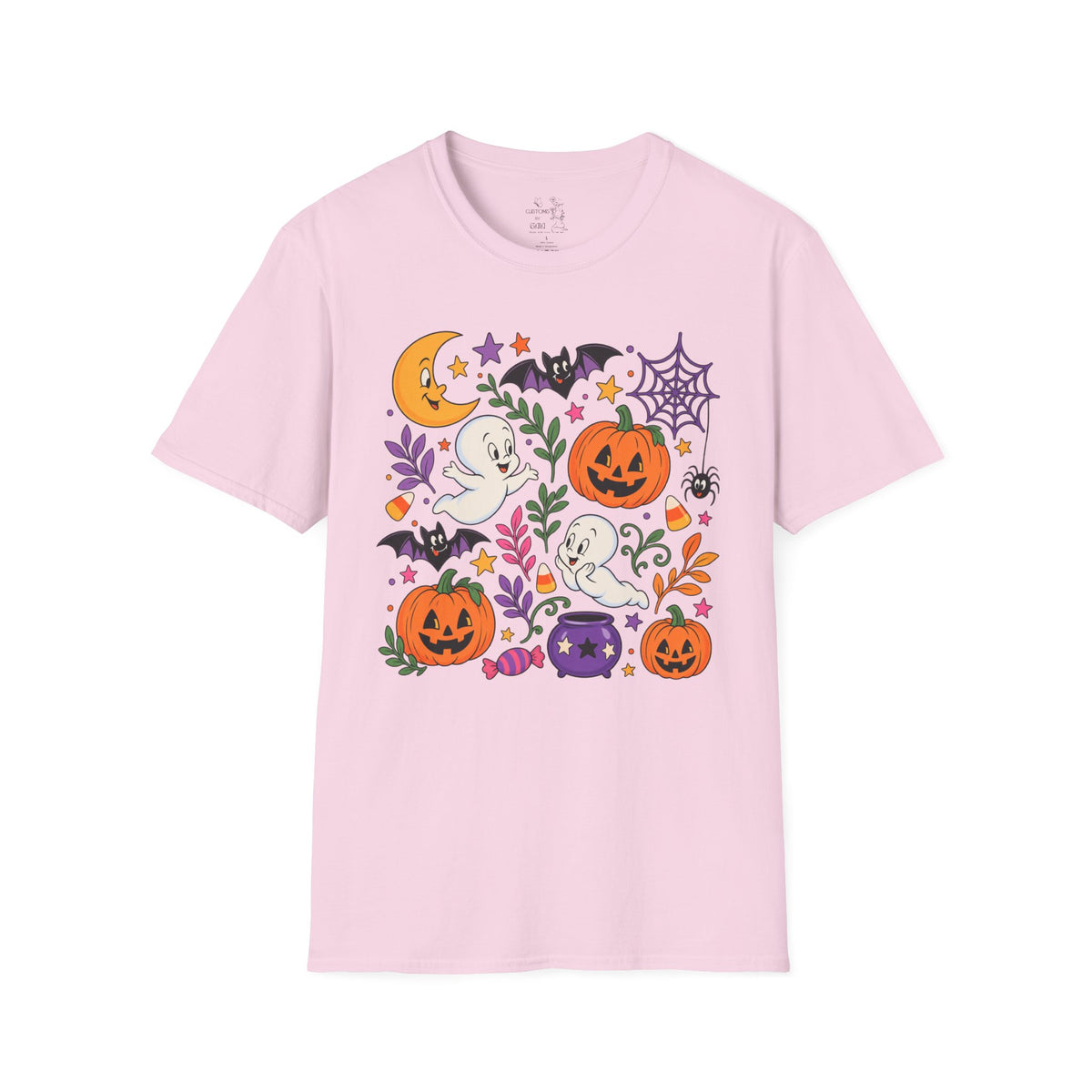 Cute Halloween T-Shirt — Friendly Ghosts, Pumpkins & Bats Graphic