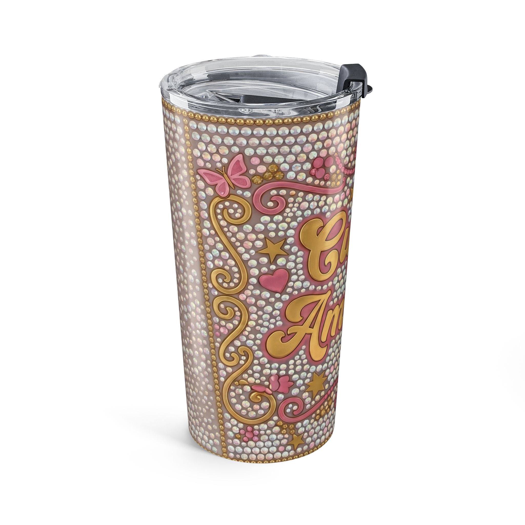 20oz Tumbler - "Cup of Ambition" Inspirational Travel Mug, Pink Rhinestone Motivational Drinkware