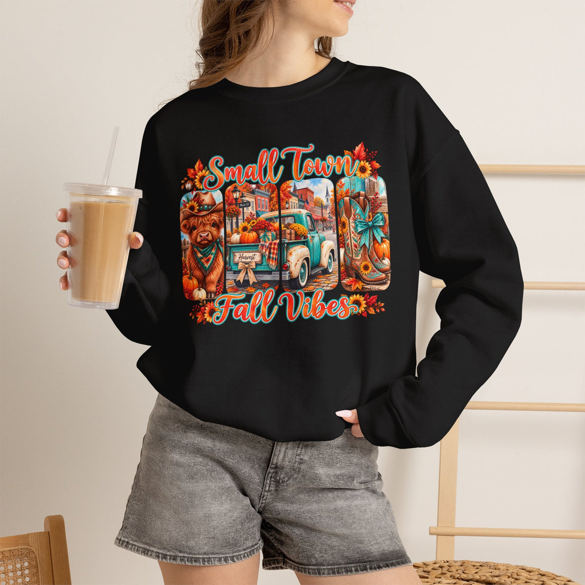 Fall Vibes Crewneck Sweatshirt - "Small Town Fall Vibes" Retro Autumn Graphic