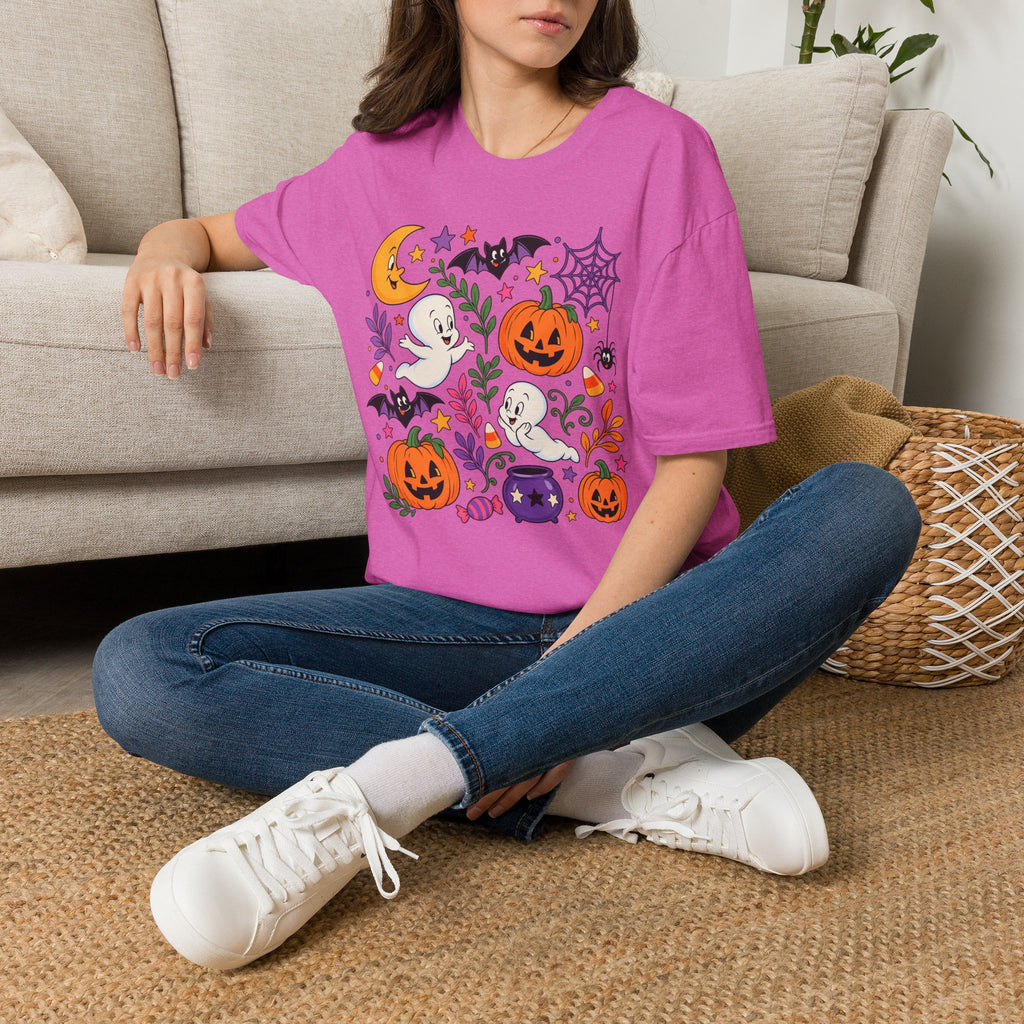 Cute Halloween T-Shirt — Friendly Ghosts, Pumpkins & Bats Graphic