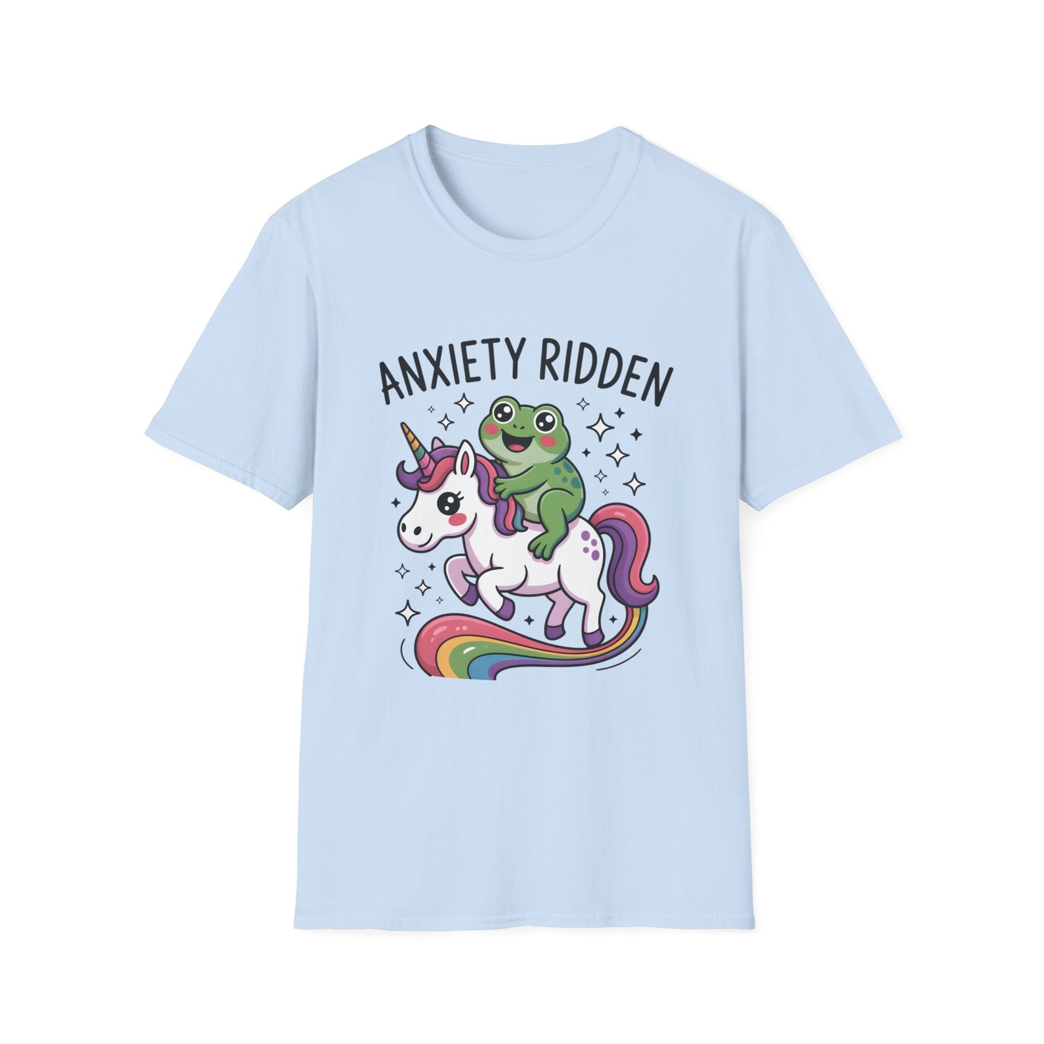 Anxiety Ridden Frog on Unicorn T-Shirt — Cute Mental Health Awareness Graphic Tee