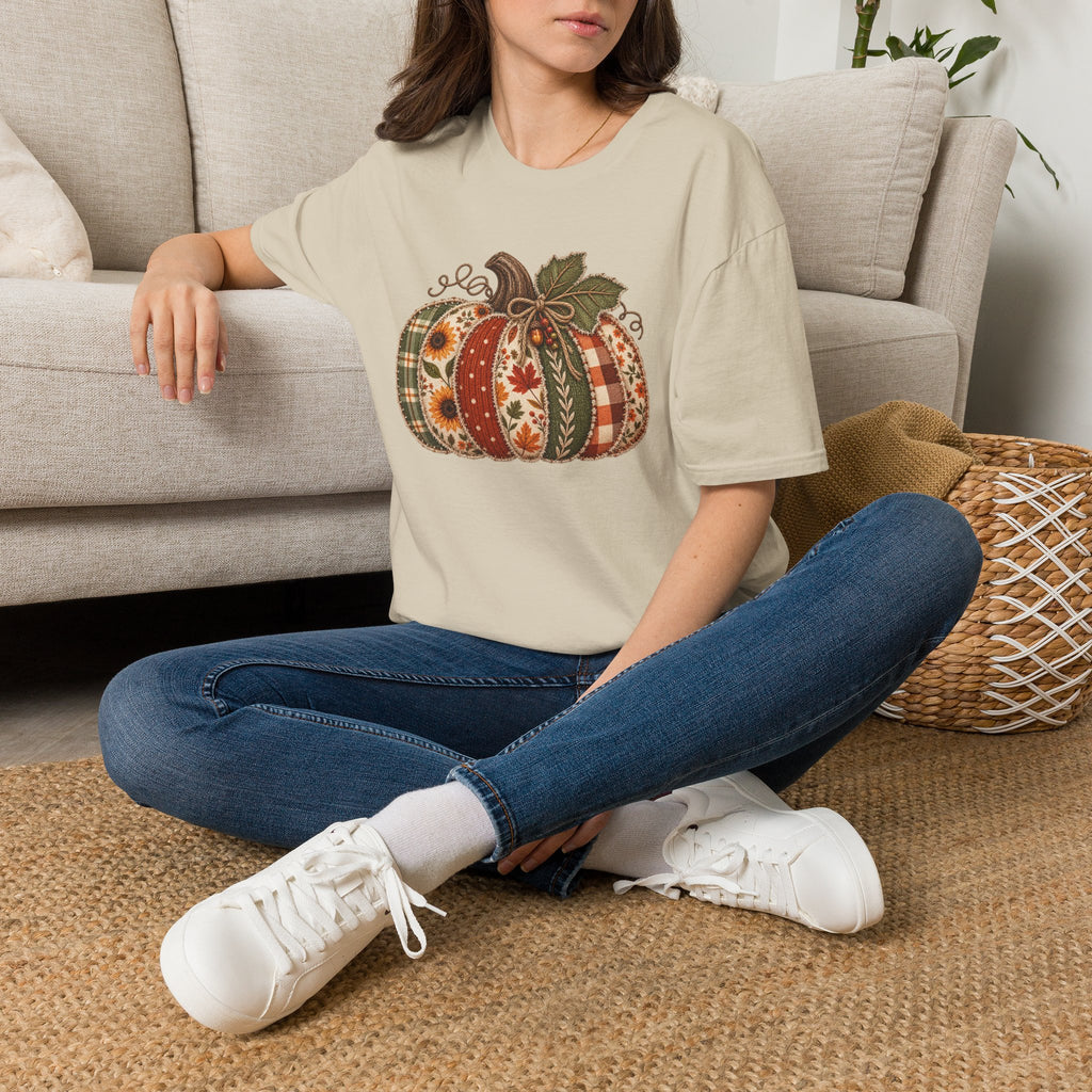 Fall Patchwork Pumpkin T-Shirt — Plaid & Floral Autumn Tee