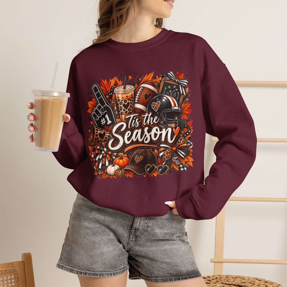Tis the Season Fall Sweatshirt - Cozy Autumn Leaves & Football Crewneck
