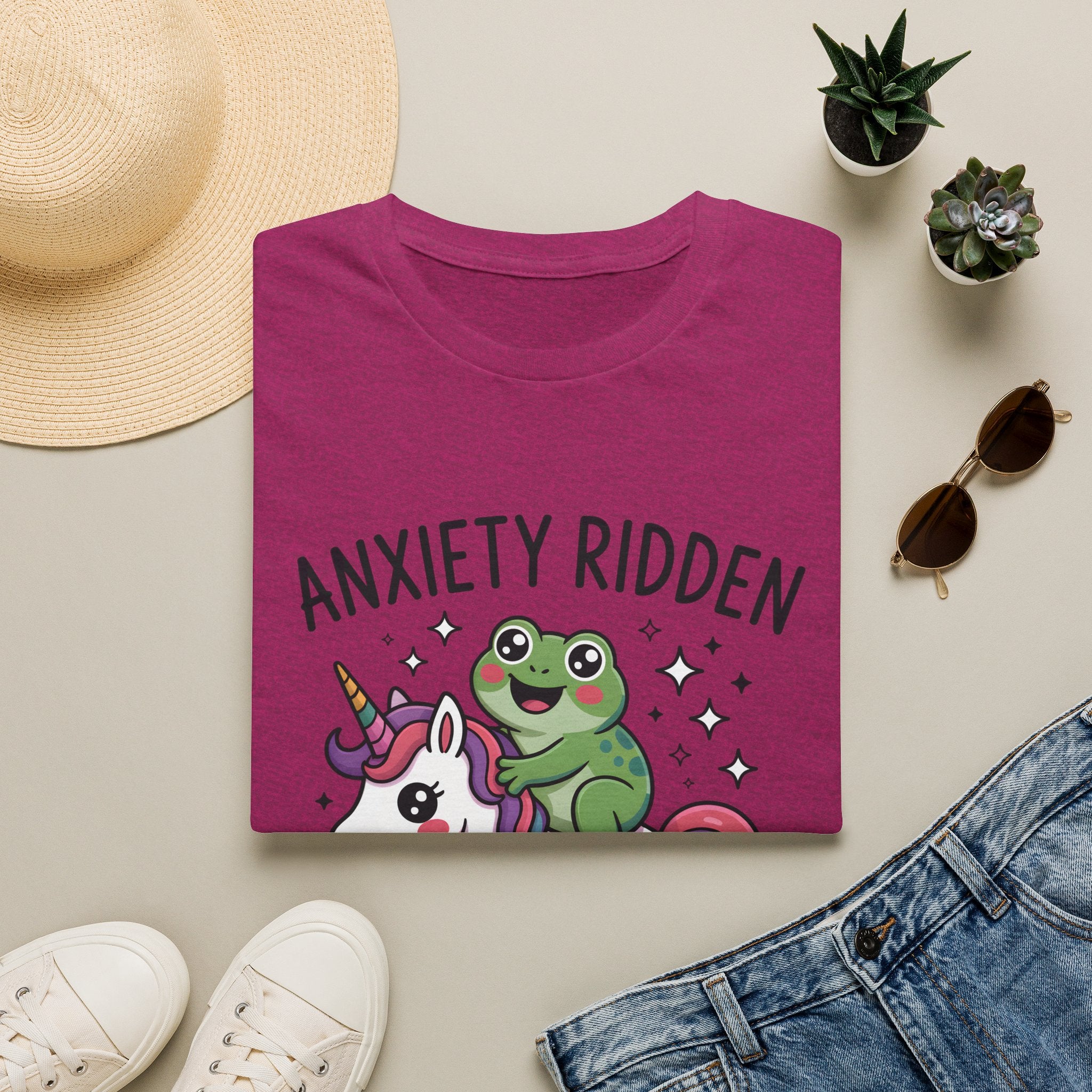 Anxiety Ridden Frog on Unicorn T-Shirt — Cute Mental Health Awareness Graphic Tee