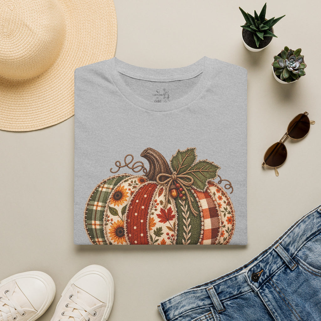 Fall Patchwork Pumpkin T-Shirt — Plaid & Floral Autumn Tee