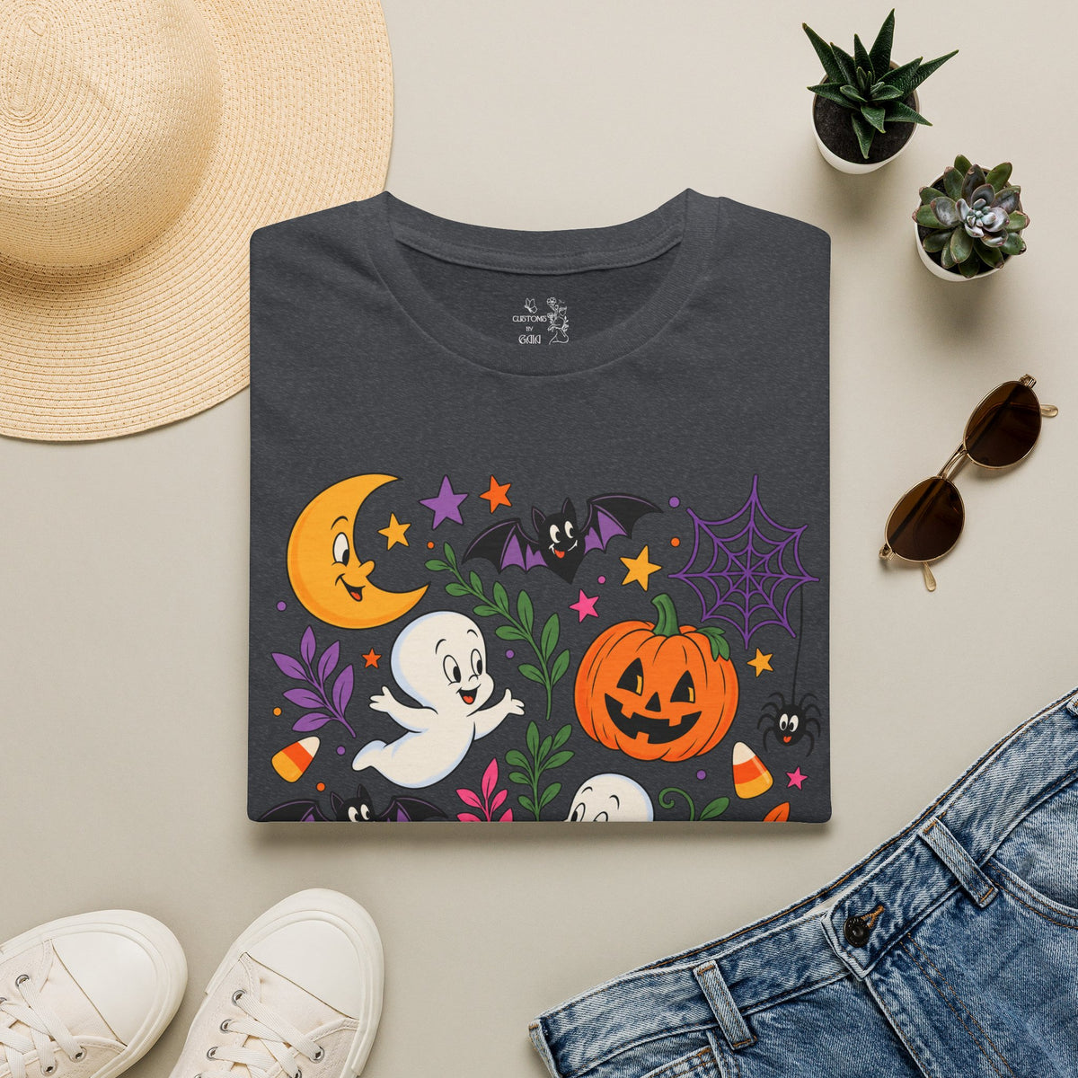 Cute Halloween T-Shirt — Friendly Ghosts, Pumpkins & Bats Graphic