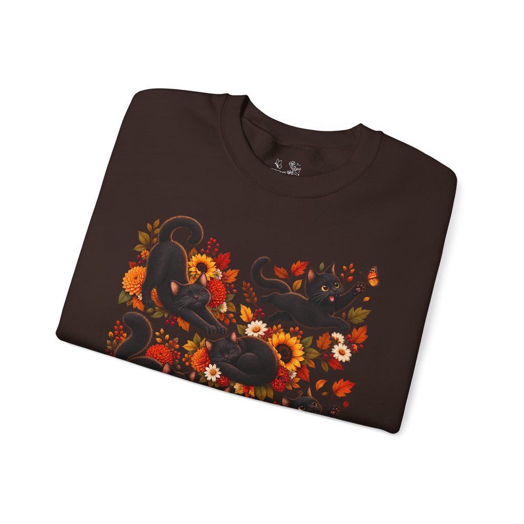 Autumn Black Cats Crewneck Sweatshirt — Fall Floral Halloween Cat Design