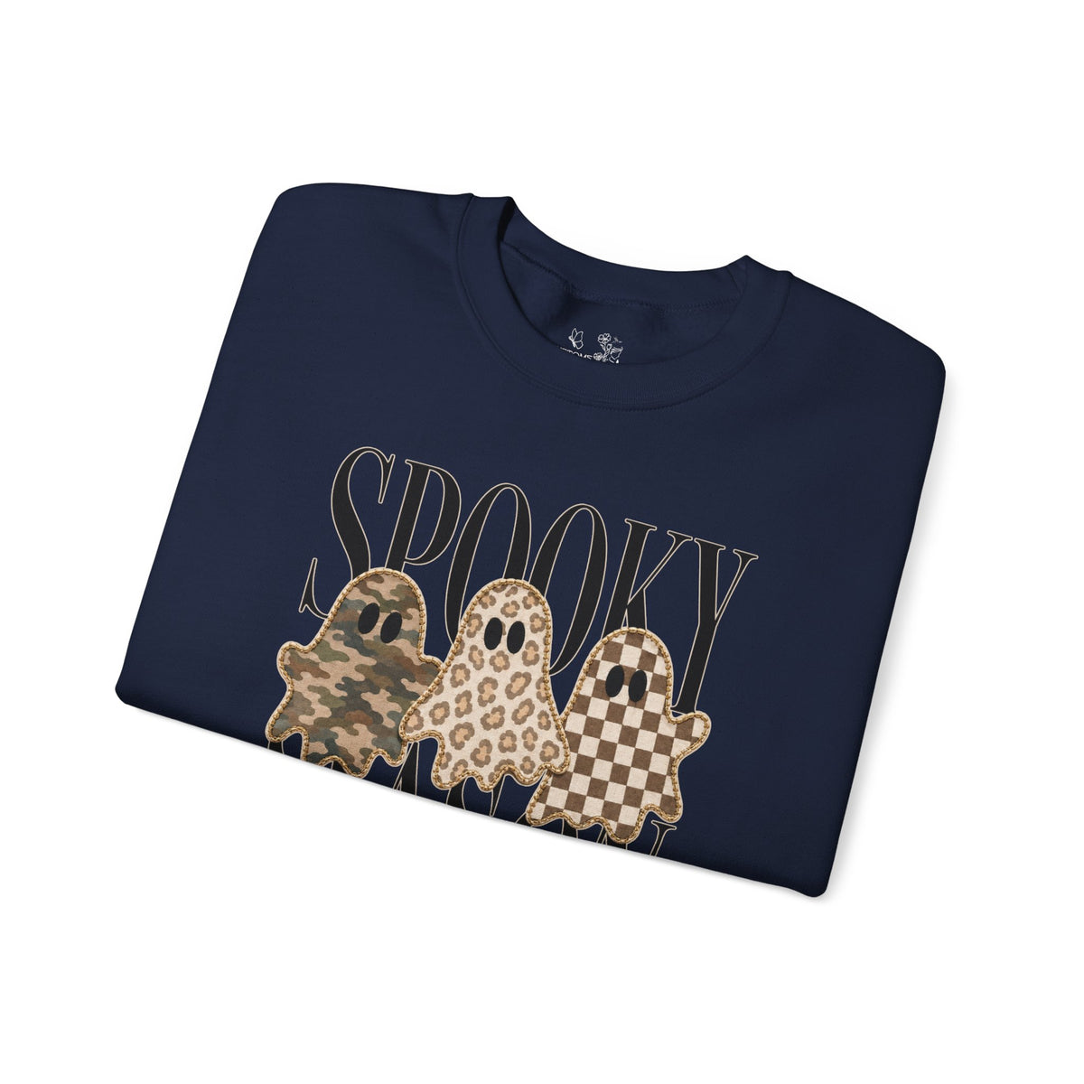 Spooky Season Ghosts Sweatshirt — Neutral Plaid & Camo Halloween Crewneck