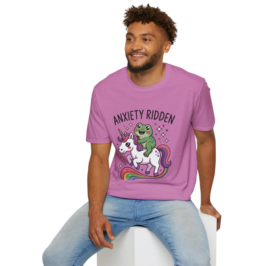 Anxiety Ridden Frog on Unicorn T-Shirt — Cute Mental Health Awareness Graphic Tee
