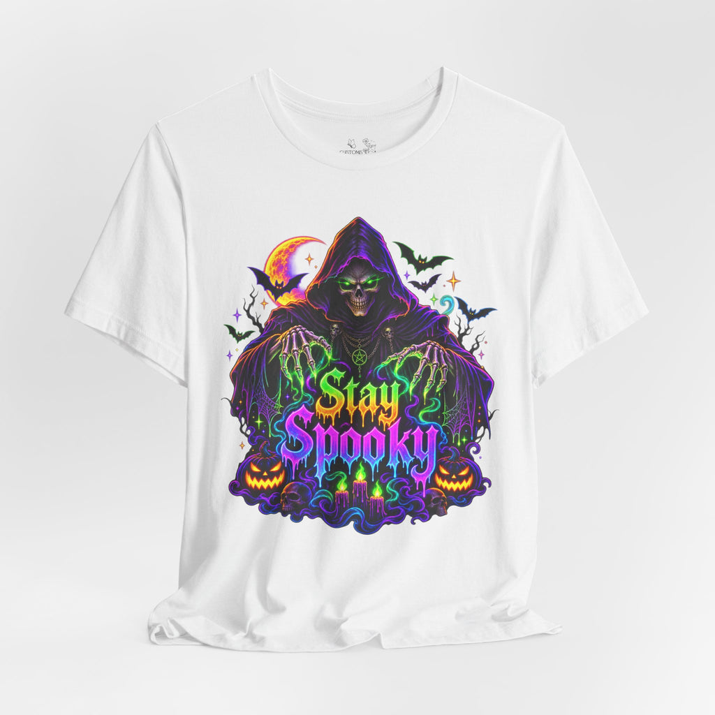 Stay Spooky Halloween Tee — Neon Grim Reaper & Haunted Castle Graphic T-Shirt