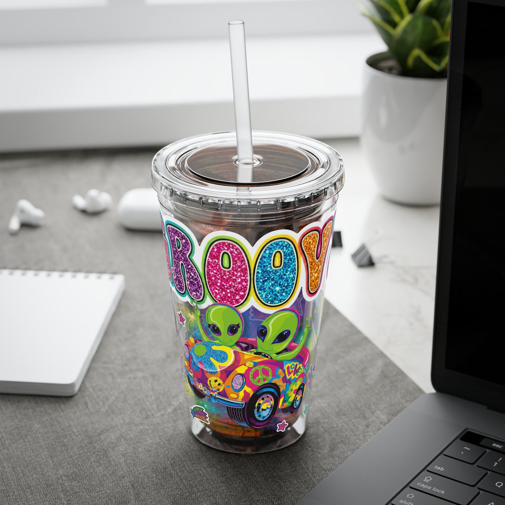 Groovy Aliens 16oz Tumbler with Straw — Retro Peace Sign, Psychedelic Van Design