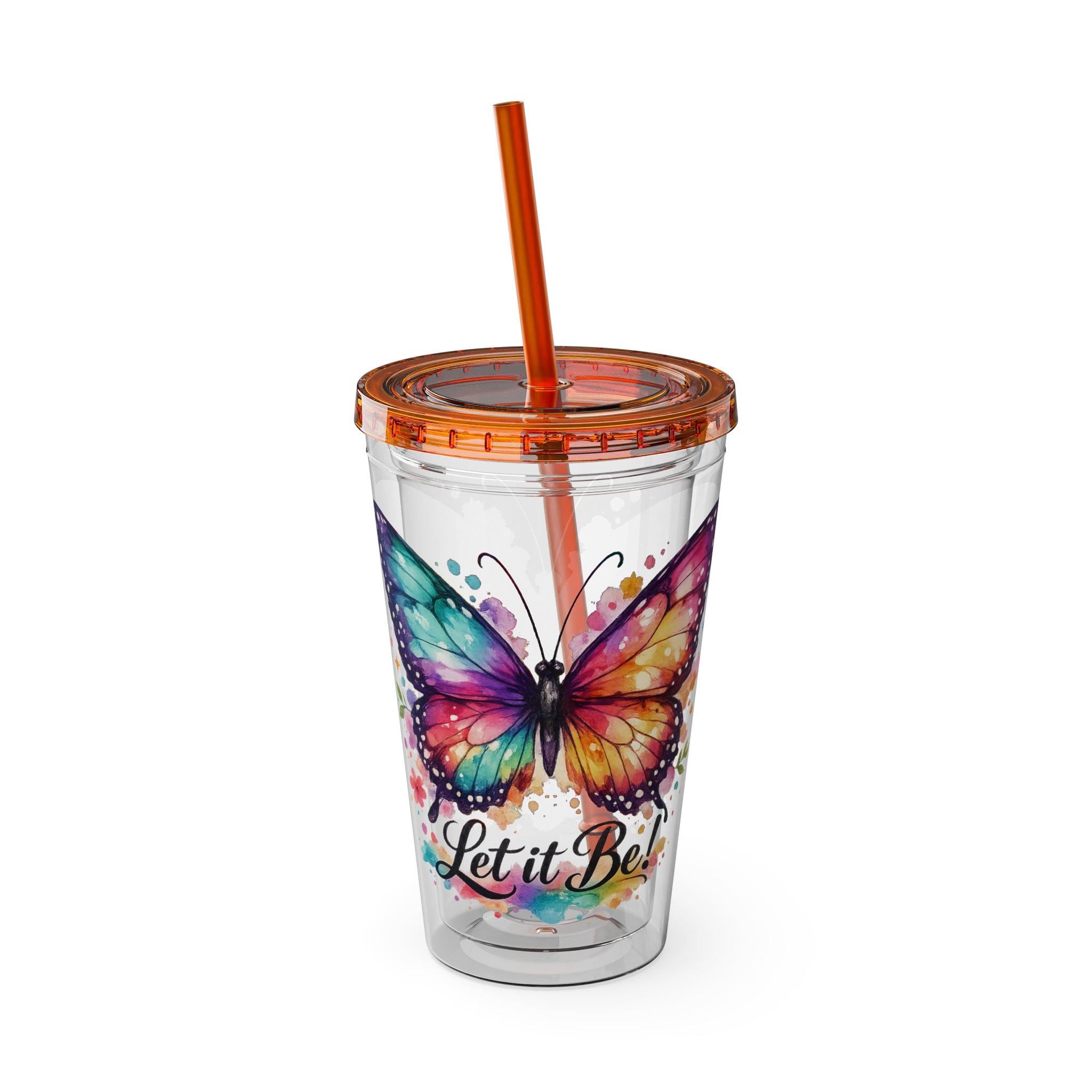 Butterfly 'Let It Be' 16oz Tumbler with Straw — Colorful Floral Summer Drink Cup