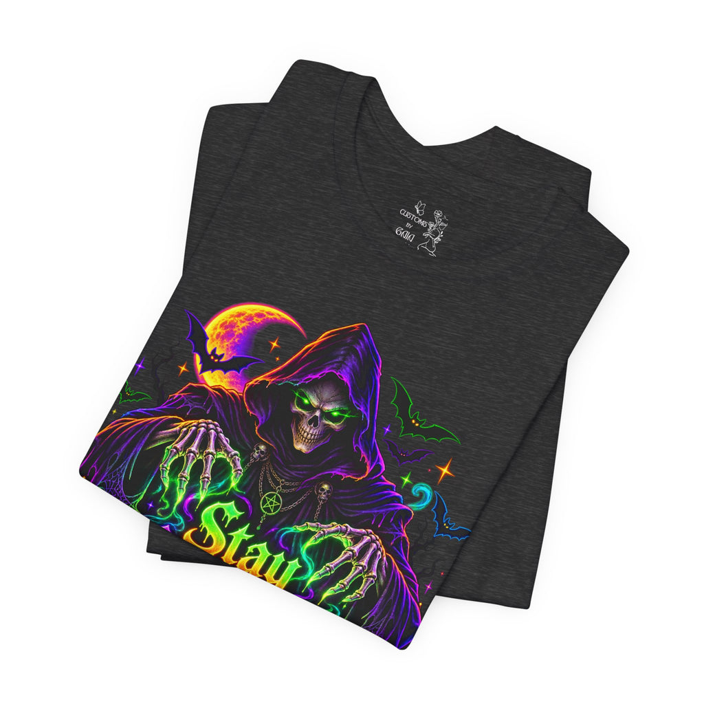 Stay Spooky Halloween Tee — Neon Grim Reaper & Haunted Castle Graphic T-Shirt