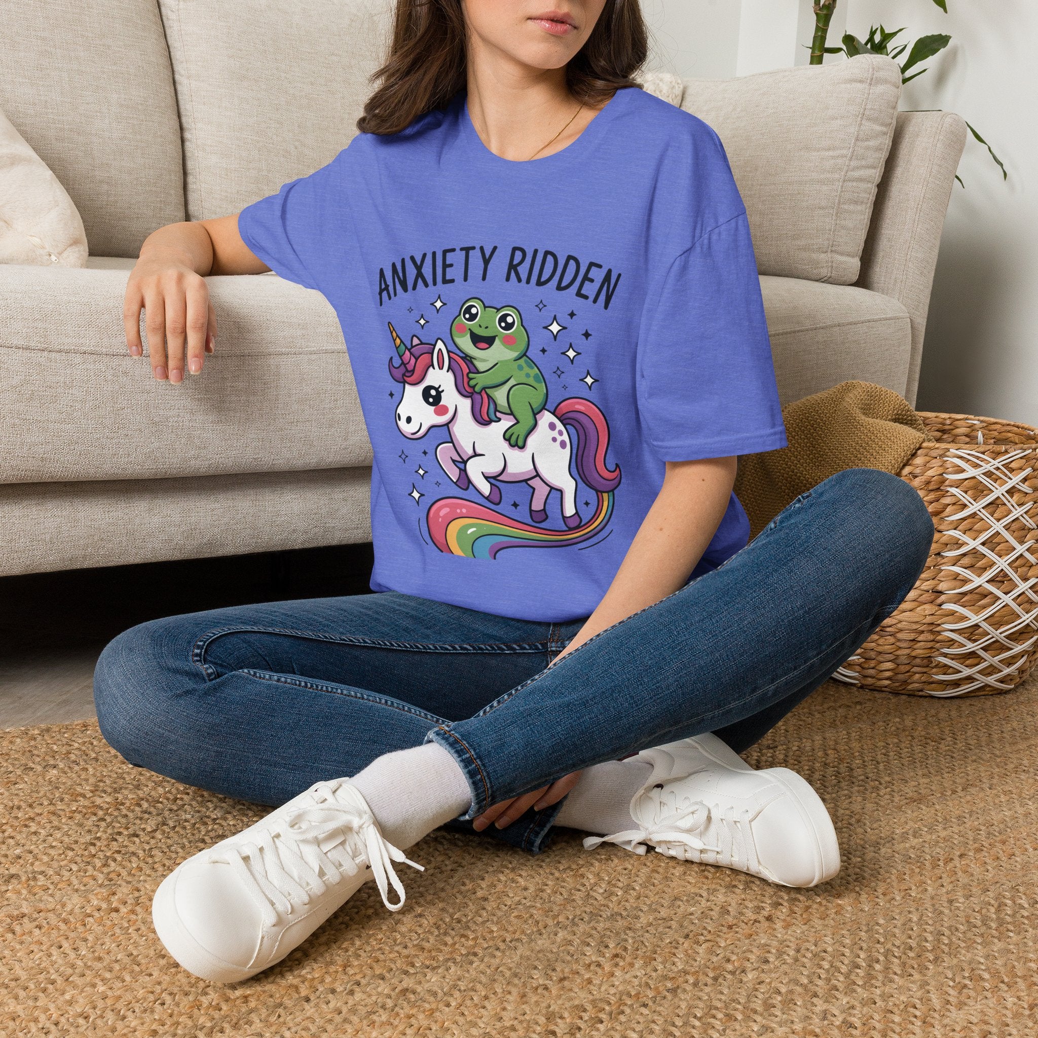 Anxiety Ridden Frog on Unicorn T-Shirt — Cute Mental Health Awareness Graphic Tee