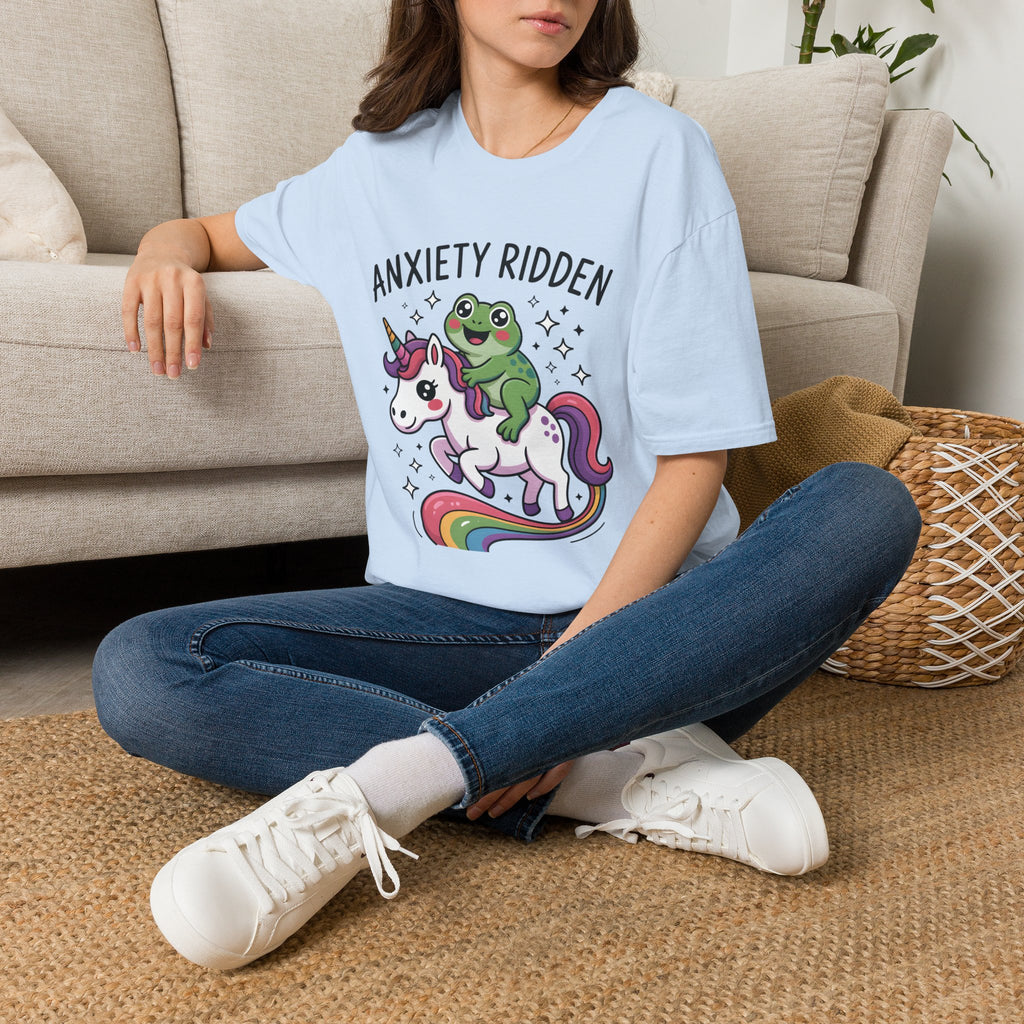 Anxiety Ridden Frog on Unicorn T-Shirt — Cute Mental Health Awareness Graphic Tee