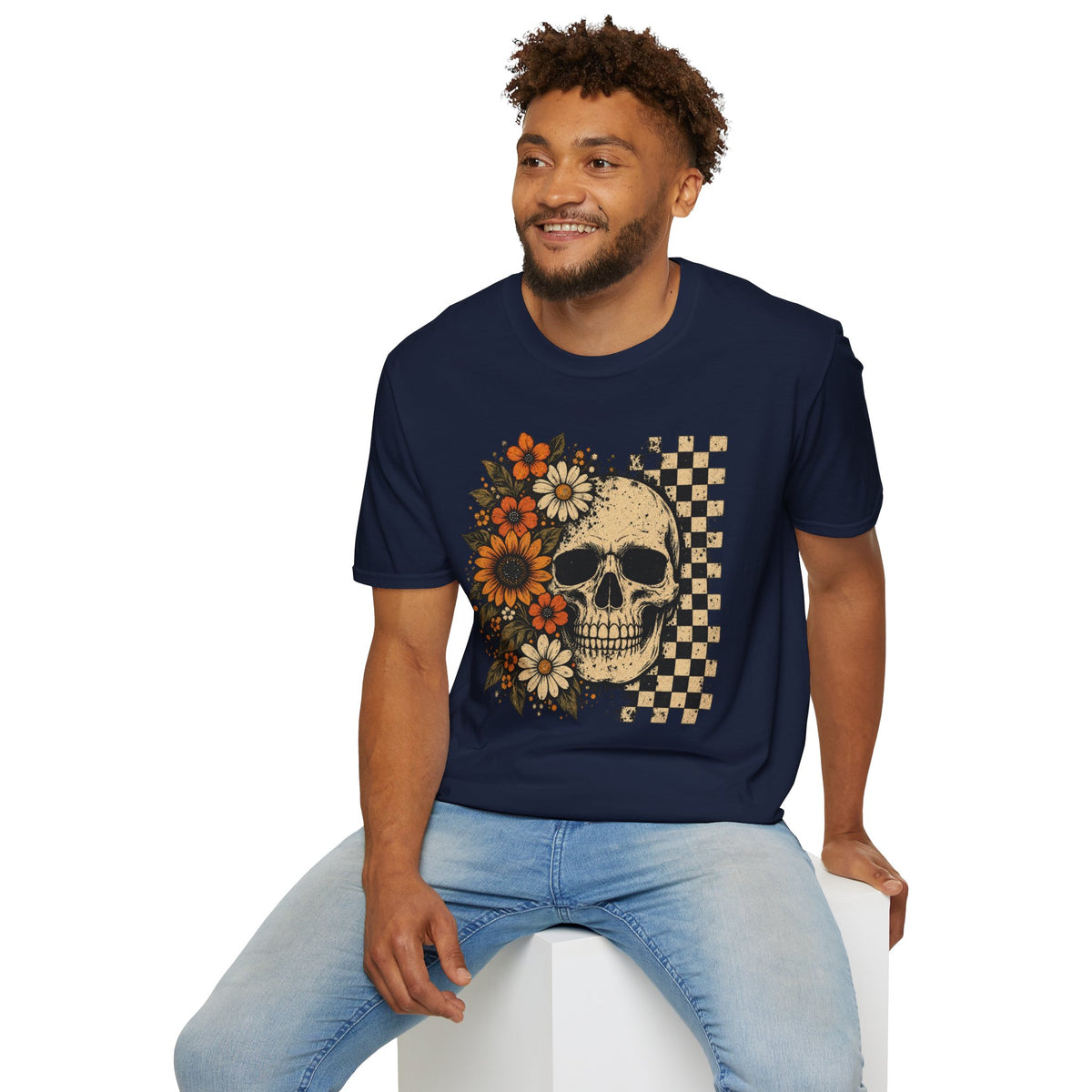 Floral Skull T-Shirt – Gothic Sunflower Checkerboard Design